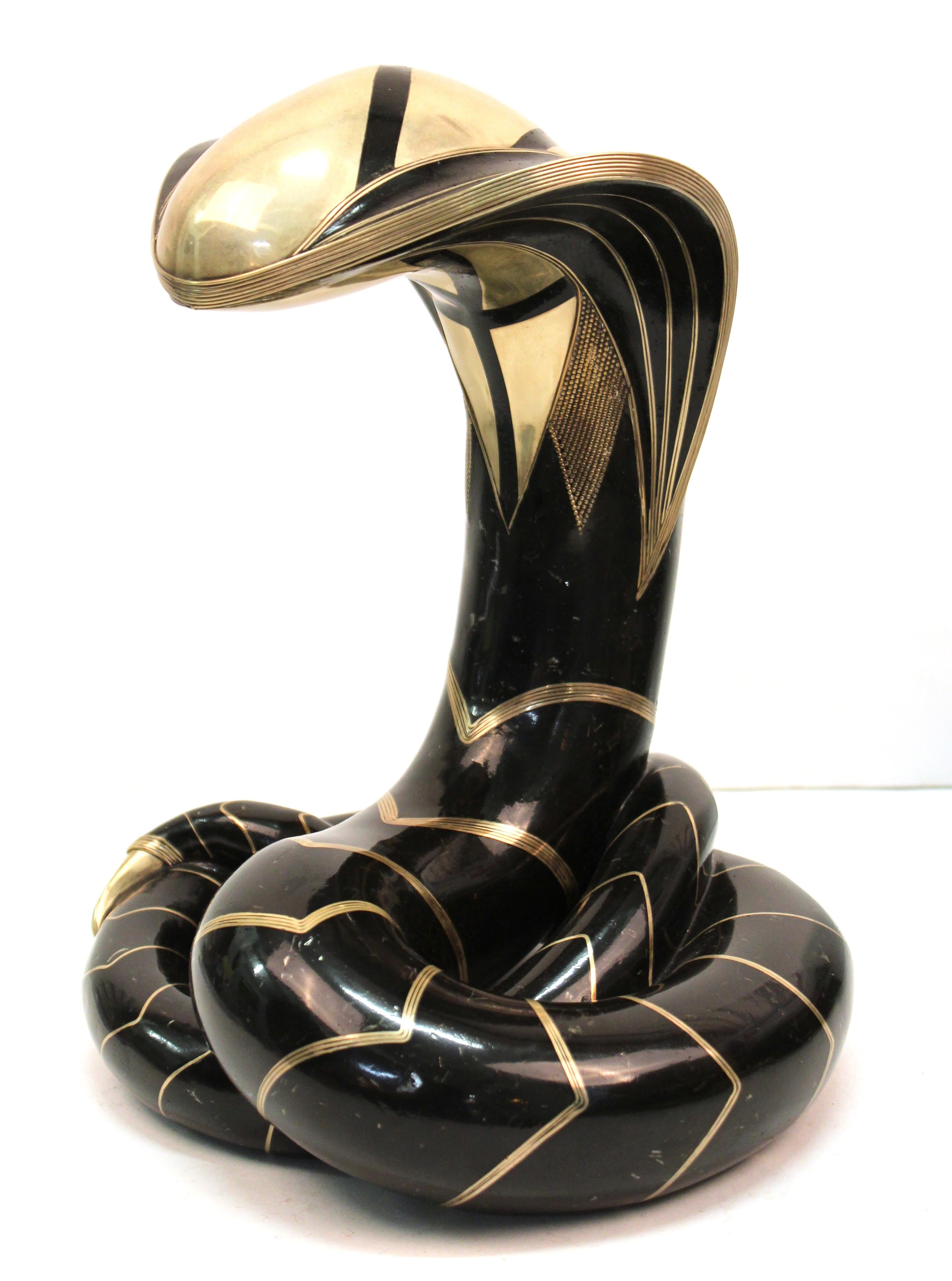 Roberto Estevez Modern 'Cobra' Bronze Sculpture with Silver and Brass Inlay 1