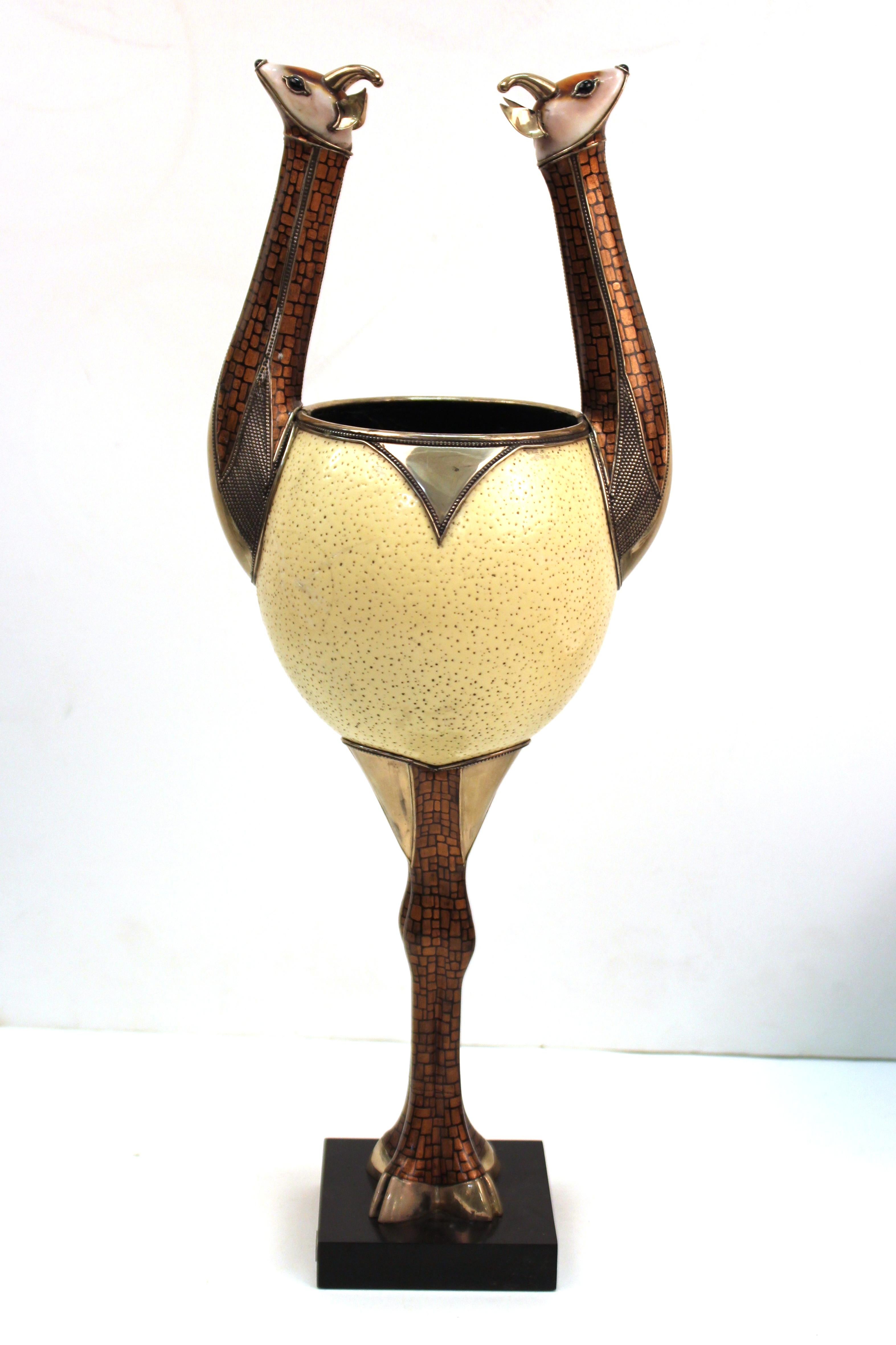 American Roberto Estevez Modern Metal and Ostrich Egg Cup with Animal Handles For Sale