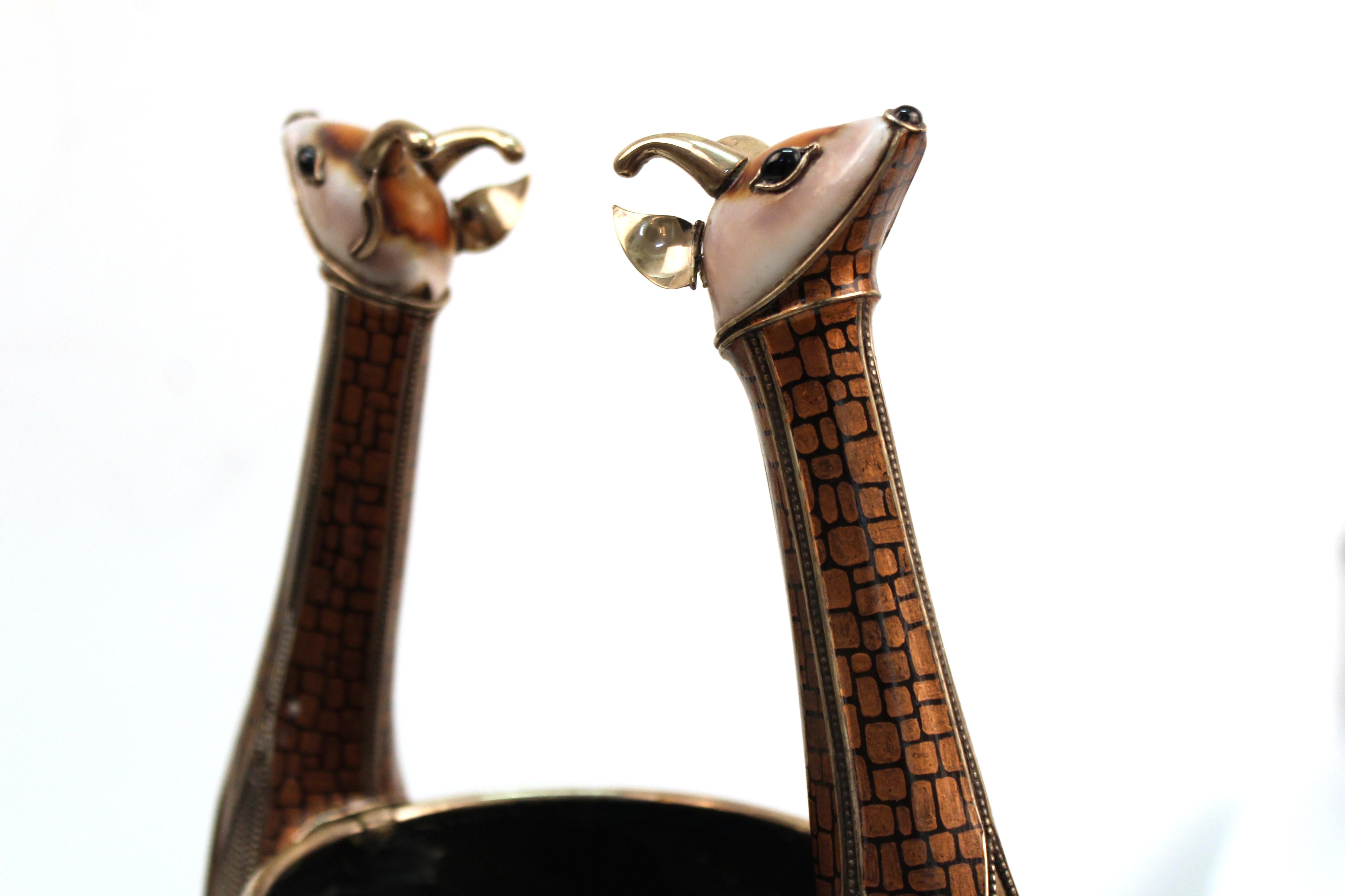 Roberto Estevez Modern Metal and Ostrich Egg Cup with Animal Handles In Good Condition For Sale In New York, NY