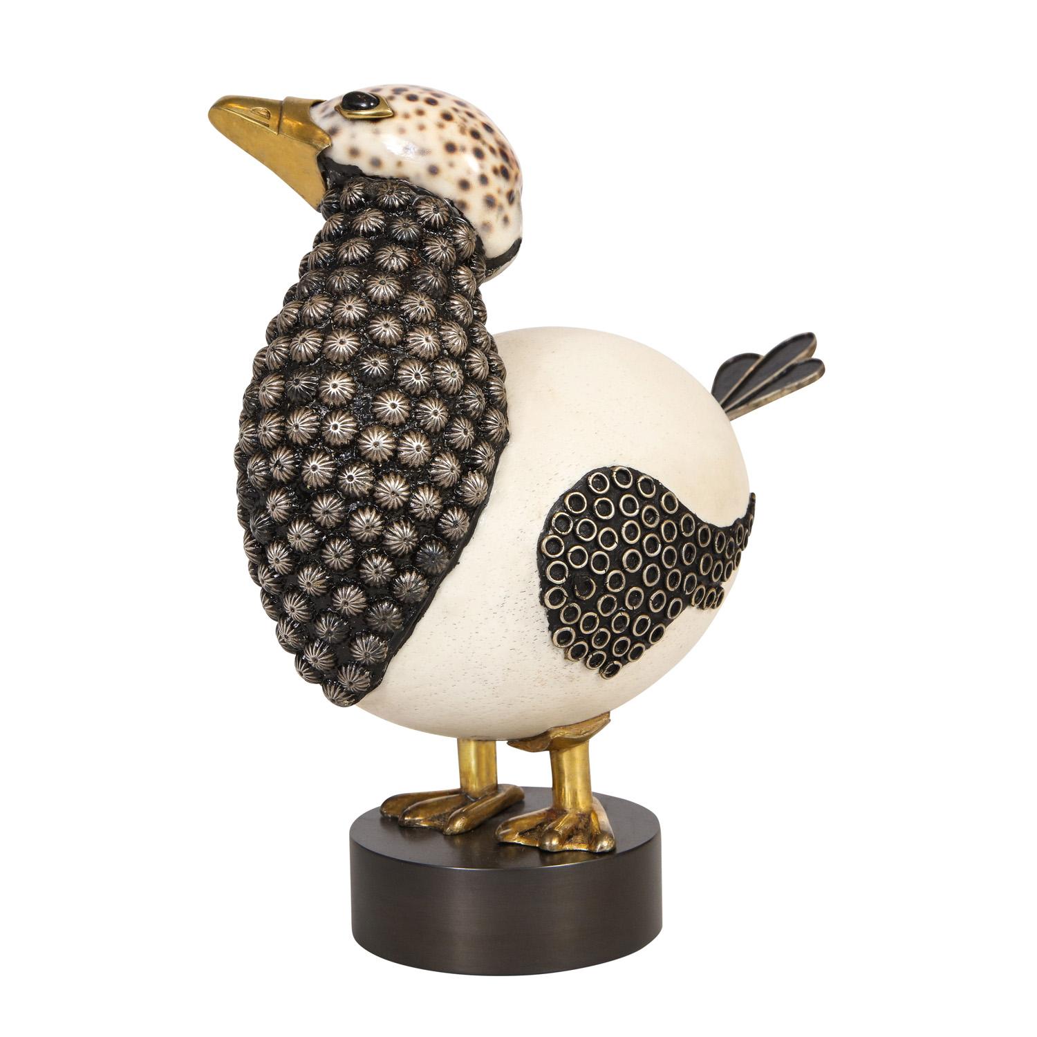 Original bird sculpture in etched pewter and brass with incorporated ostrich egg and sea shell on a bronze base by Roberto Estevez, American 1968 (signed “Estevez 68” on bottom). This is a unique sculpture and showcases the artisanship and intricacy
