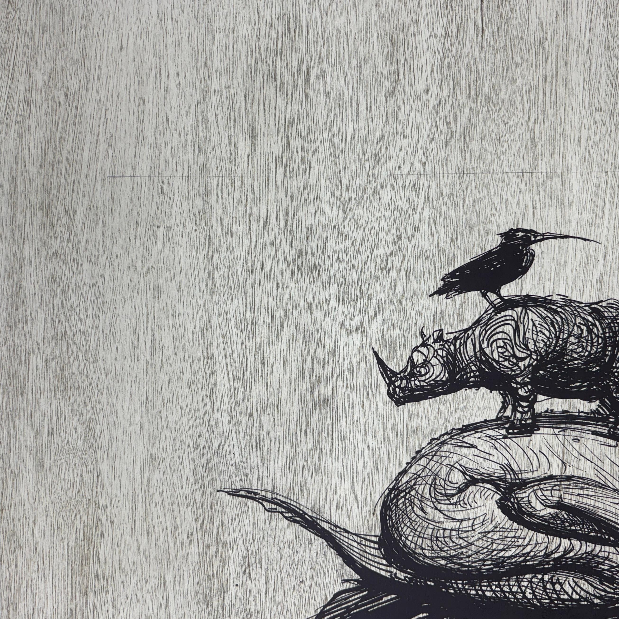 Sogno del marinaio cinese 2014 litografia originale firmata su blocco di legno 52x40in surrea - Animal Print Marrone di Roberto Fabelo