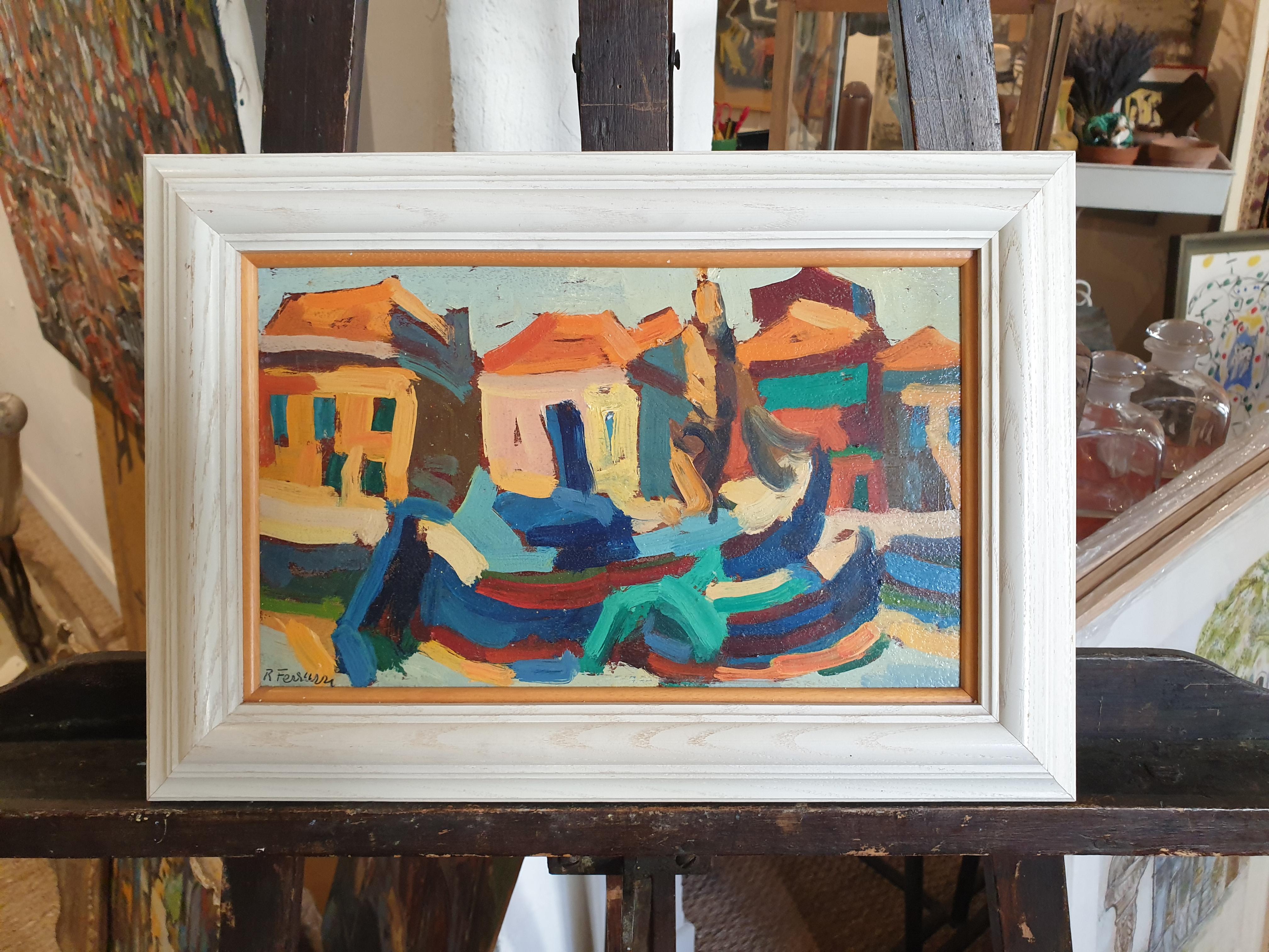 Burano, Venice. Gondolas, Canal and Village View. Oil on Board. For Sale 7