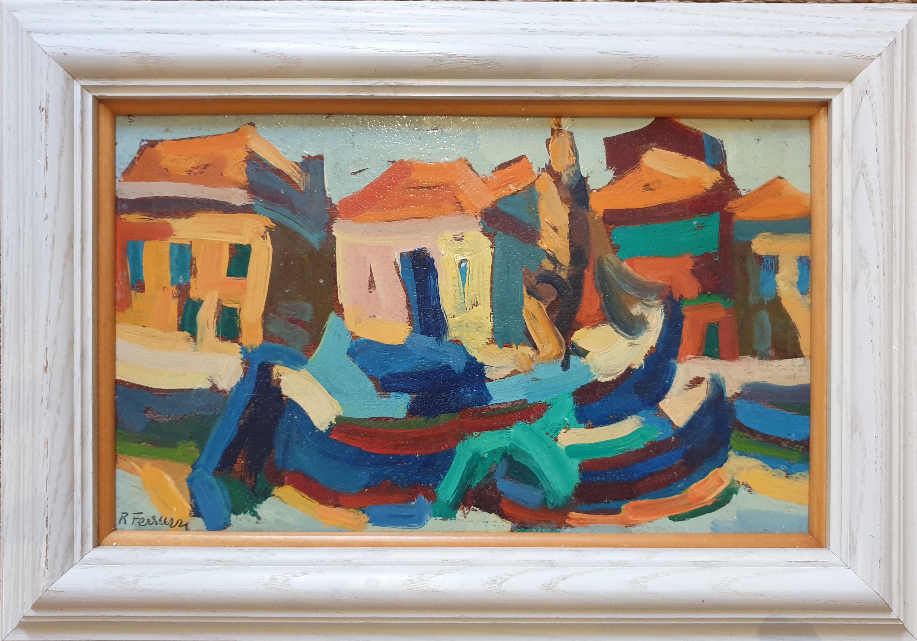 Burano, Venice. Gondolas, Canal and Village View. Oil on Board.