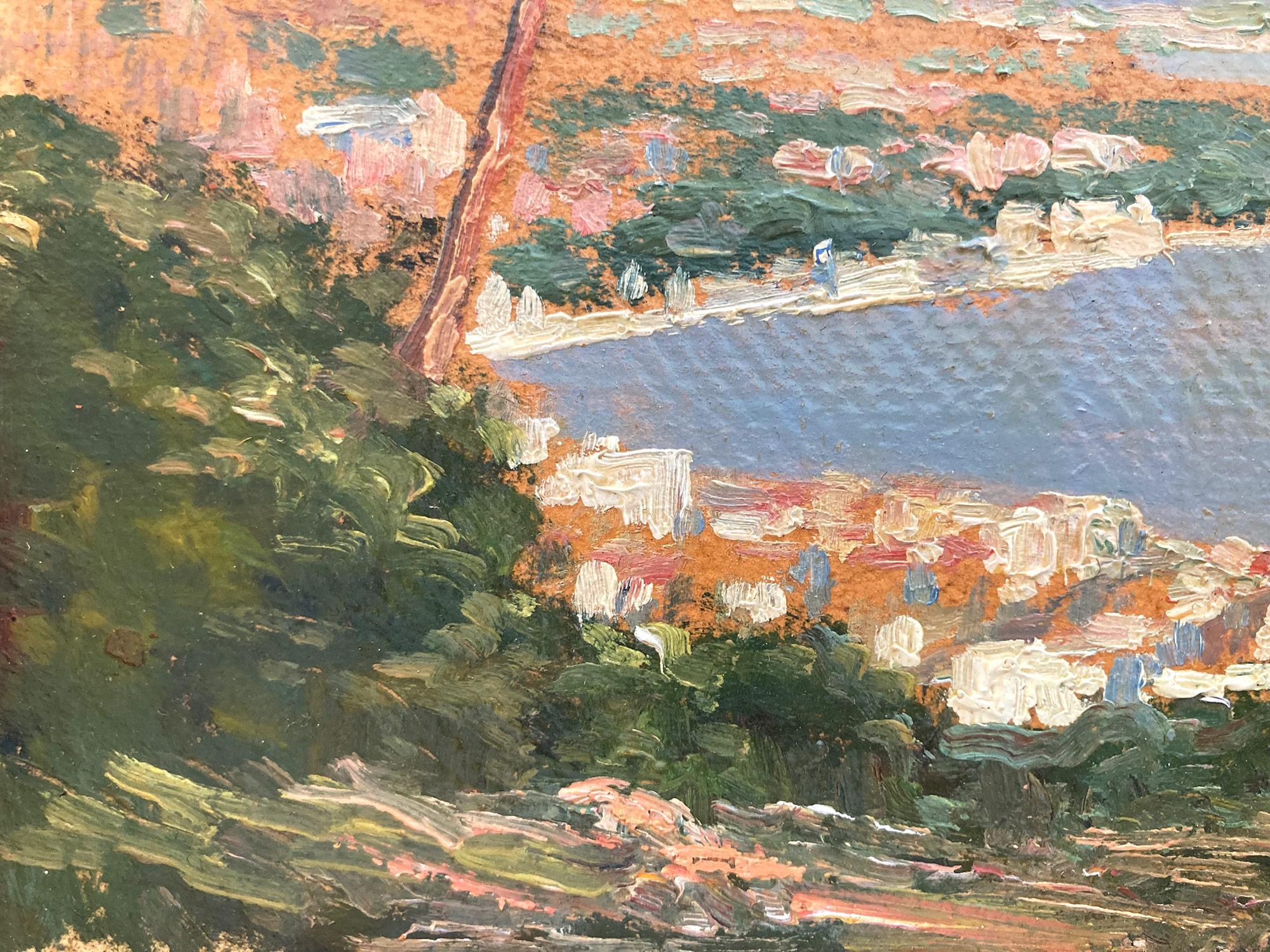 A stunning oil painting scene depicting a Capri coastal view from the 20th Century. The rich color tones and impressionistic brushwork is done with both detail and precision. The warmth of the sun is felt on this beautiful day with many trees and
