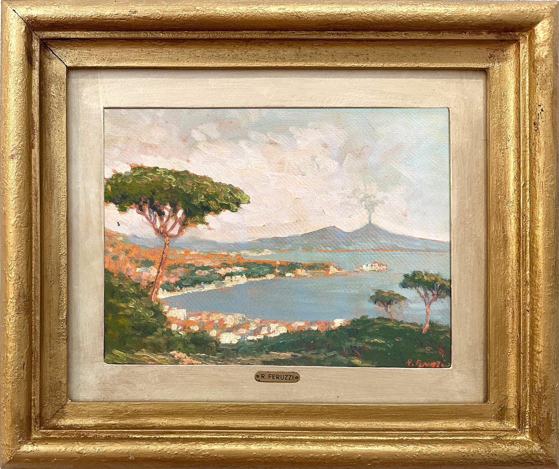 Roberto Feruzzi Landscape Painting - "View of Capri" Italian Colorful Impressionist Oil Painting on Board Framed