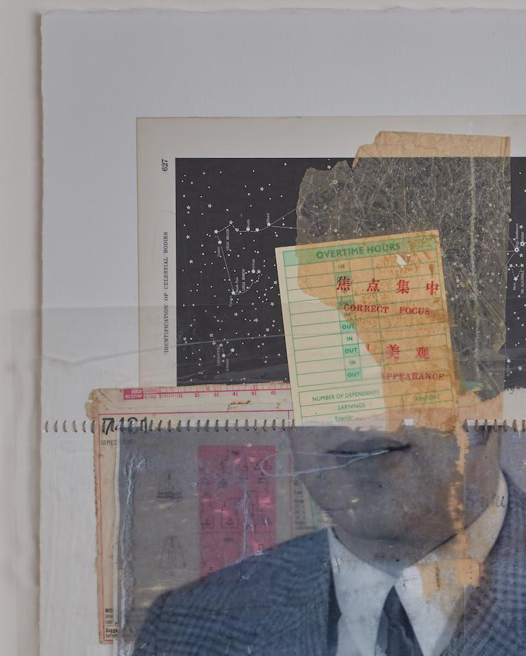 Enfoque correcto, 2017
Imágenes encontradas transferidas a película de acetato, collage, acrílicos y grafito. 
Técnica mixta sobre papel 100% algodón
Tamaño de la imagen: 30 pulg. H x 22 pulg. W
Tamaño del marco: 34 pulg. H x 26 pulg. W x 1 pulg.