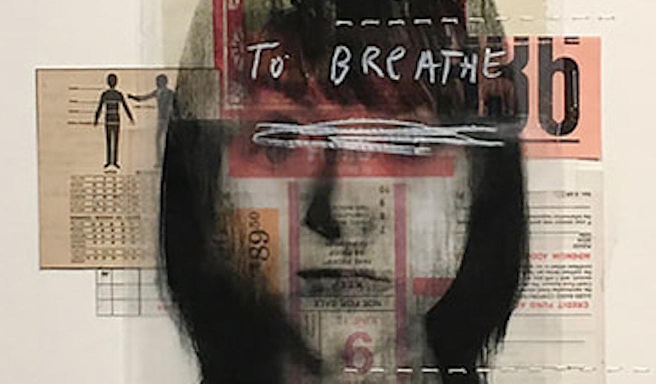 Don't Forget to Breathe Again, 2014
Found images transferred to acetate film, collage, acrylics, and graphite. 
Mixed Media on %100 Cotton Paper
Image size: 15 in. H x 11 in. W
Frame size: 19 in. H x 15 in. W x 1 in D
Fiber thread.