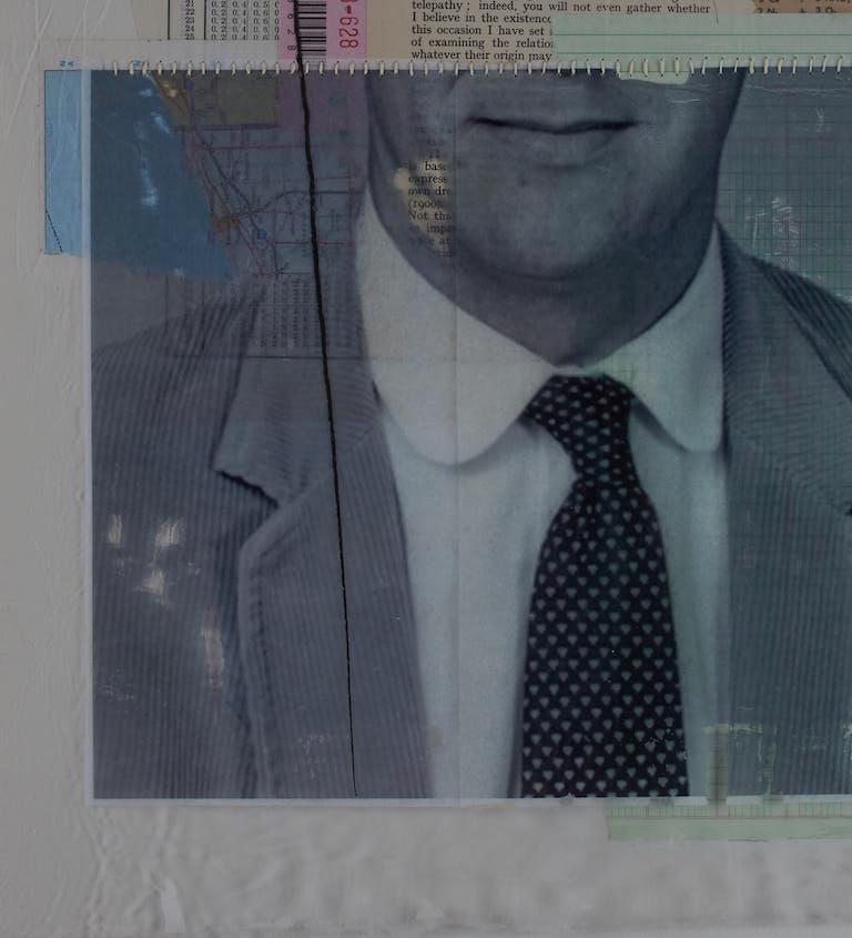 Sueños y telepatía, 2017
Imágenes encontradas transferidas a película de acetato, collage, acrílicos y grafito. 
Técnica mixta sobre papel 100% algodón
Tamaño de la imagen: 30 pulg. H x 22 pulg. W
Tamaño del marco: 34 pulg. H x 26 pulg. W x 1 pulg.