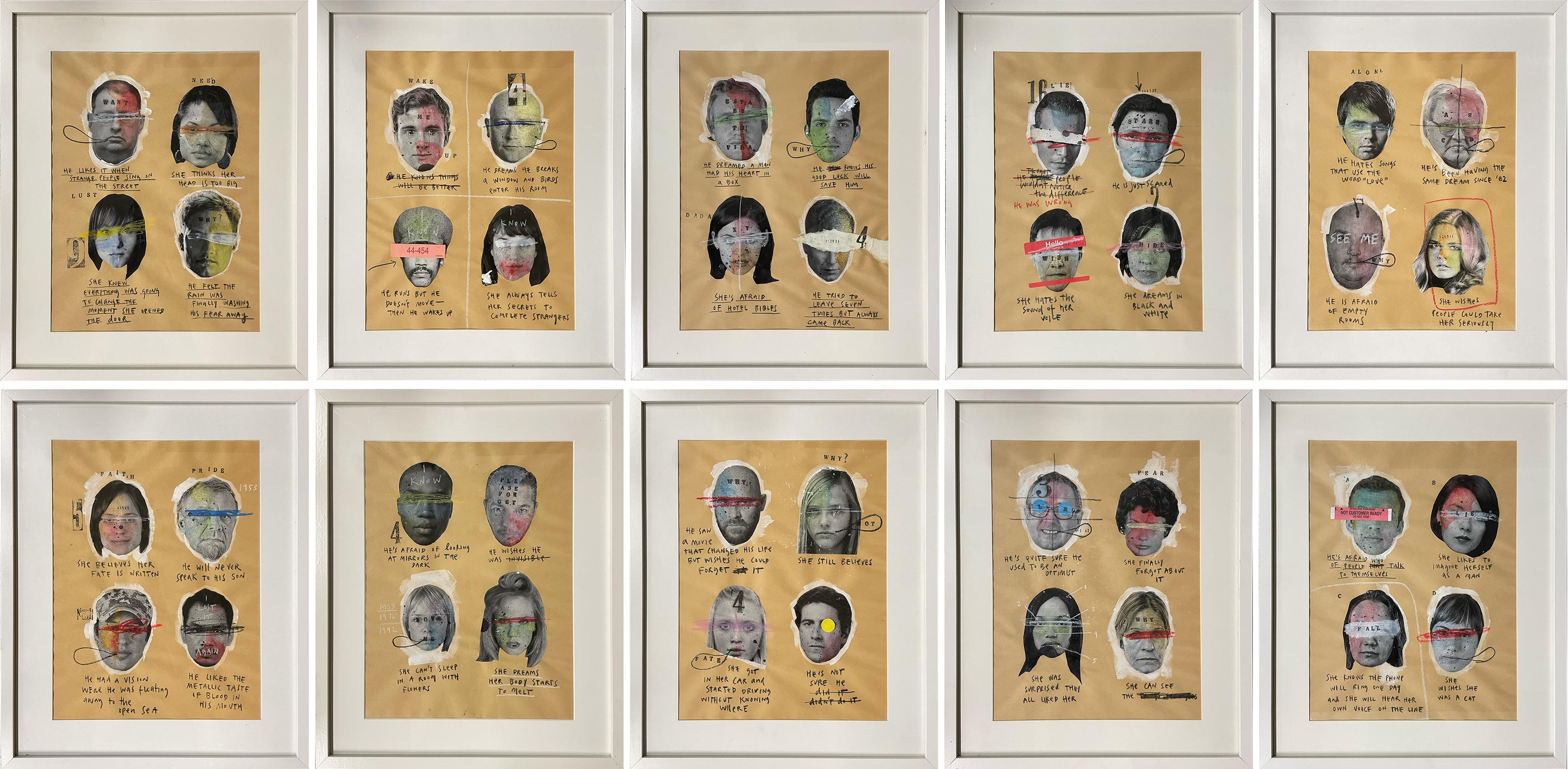Set of 10 Mixed Media. Portraits  Close Before Striking Series Installation - Art by Roberto Fonfria