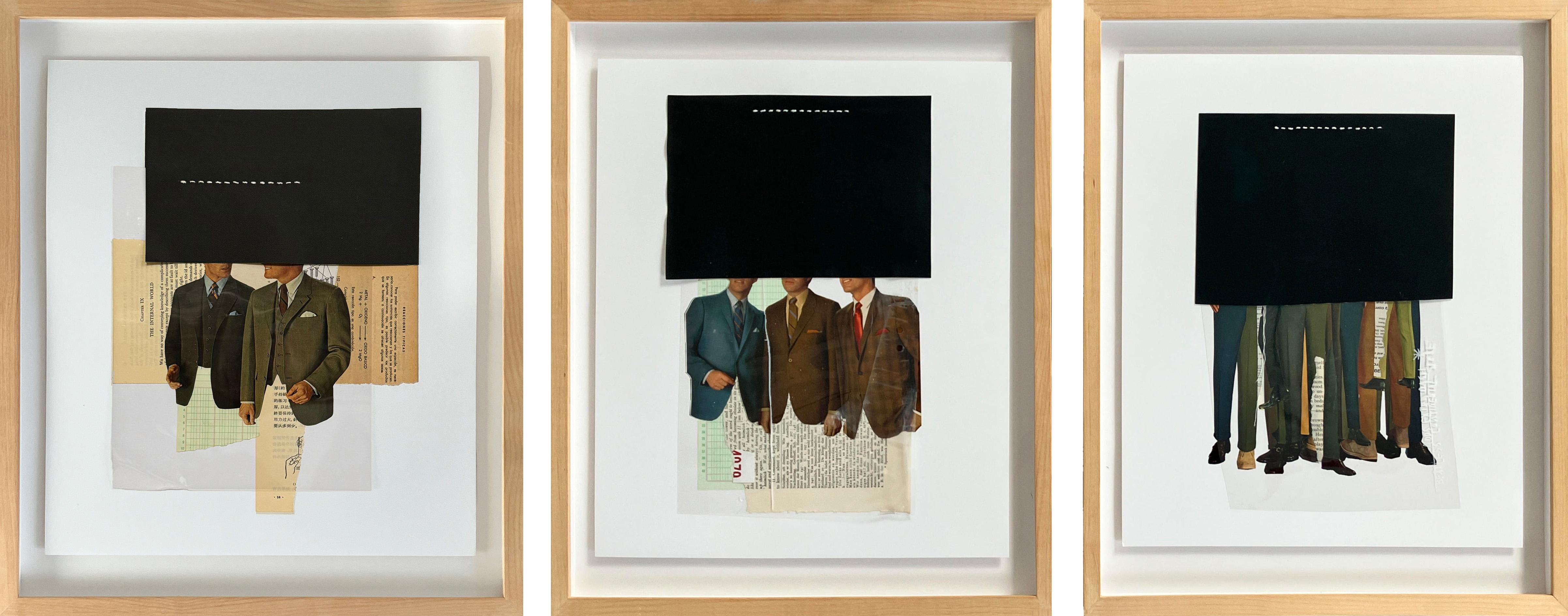 Conjunto de 3 obras de arte. Collages de técnica mixta, enmarcados