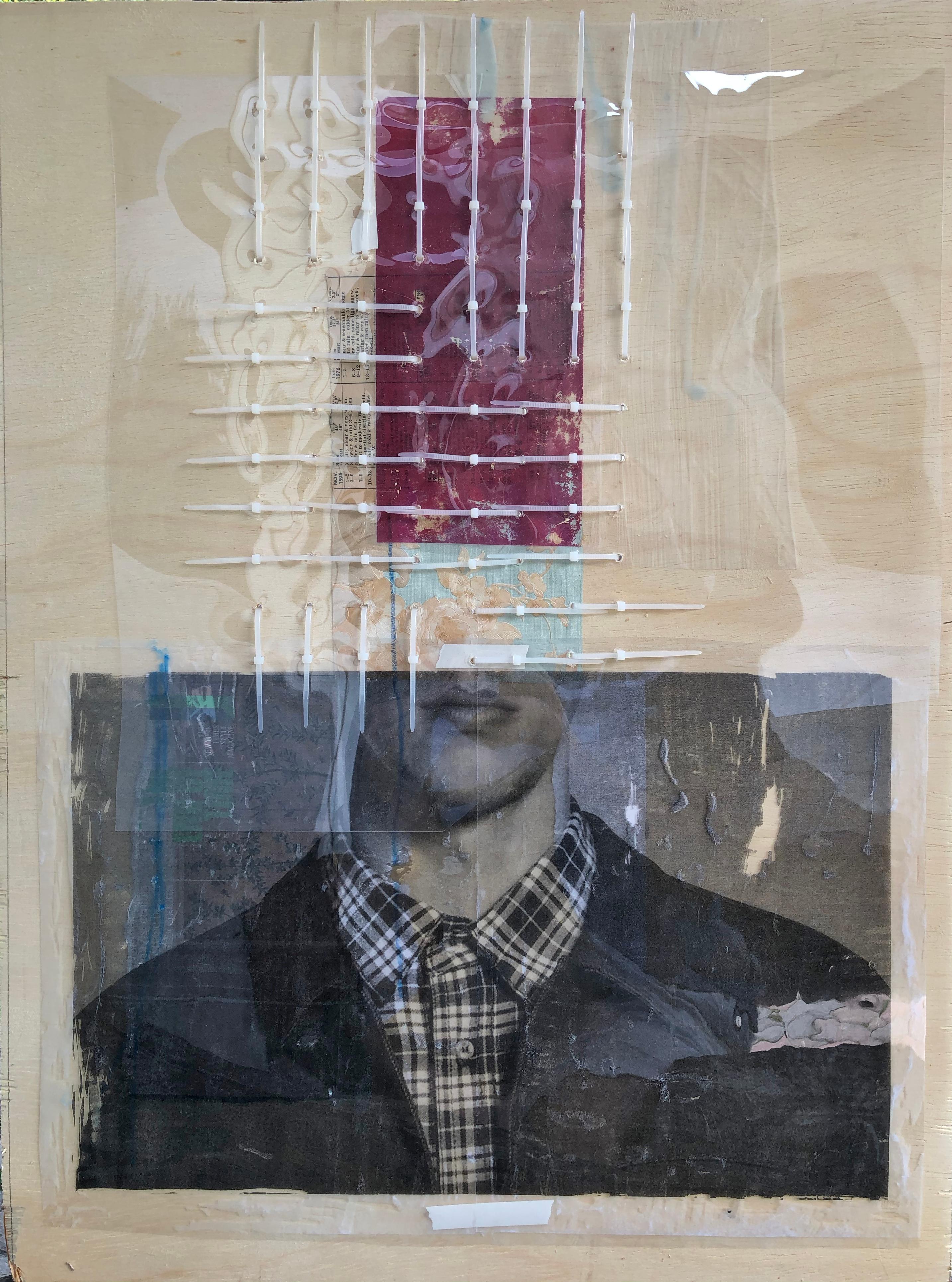 Untitled, 2020
Image size: 24 in. H x 17.71 in. W
Collage, image transfer on acetate, nylon cables ties
One of a Kind
_________________________________
Roberto Fonfría lives and works in Miami, Fl 
He was born in Caracas, Venezuela in 1969
Roberto