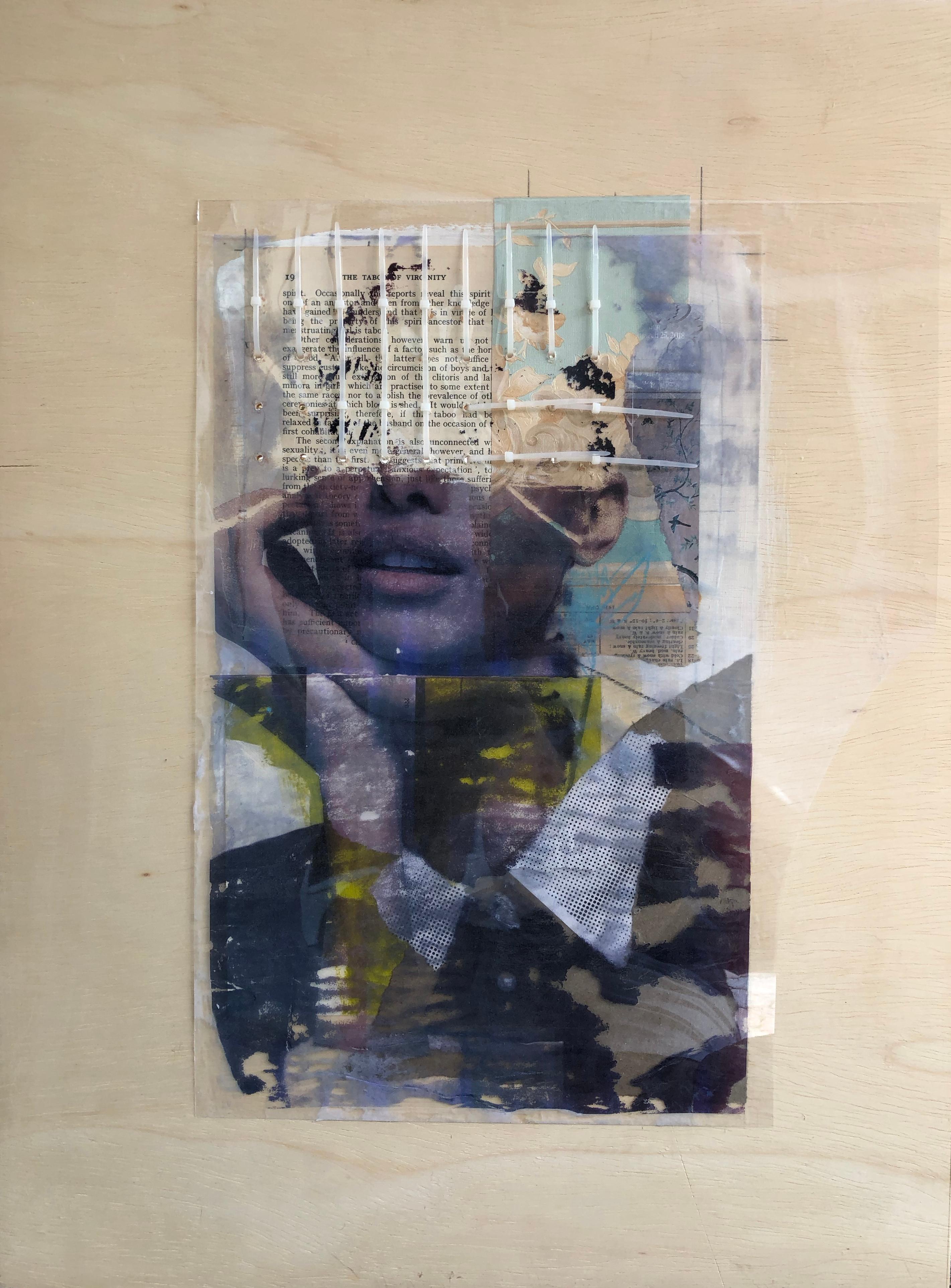 Sin título, collage. Retrato en técnica mixta sobre panel de madera