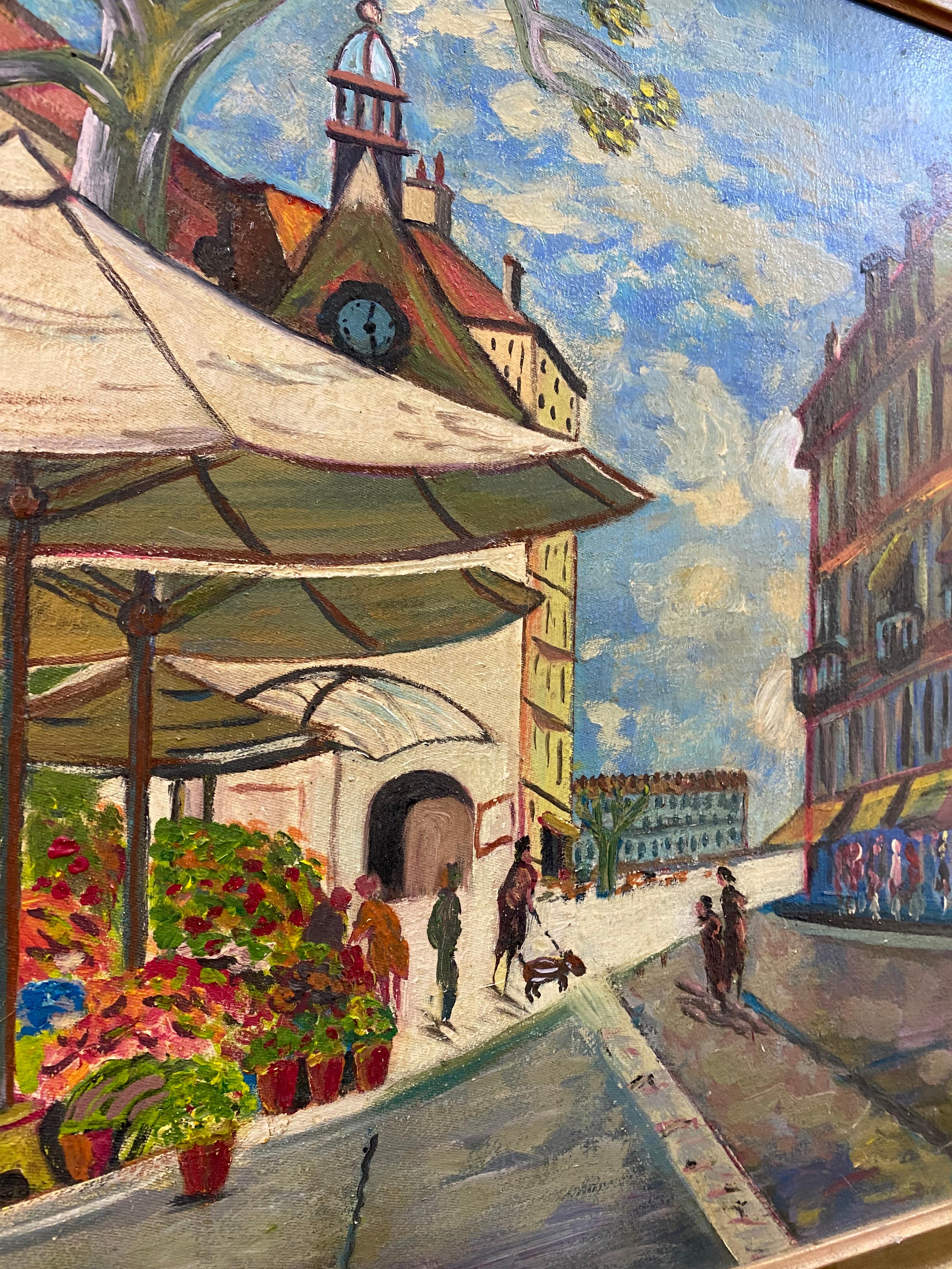 Place du Molard, Geneva - Gris Landscape Painting par Roberto Gherardi