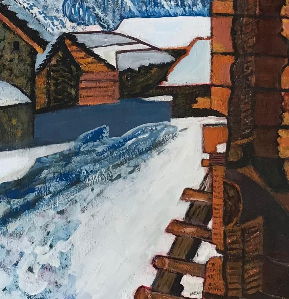 Snow-covered chalets - Modern Painting by Roberto Gherardi