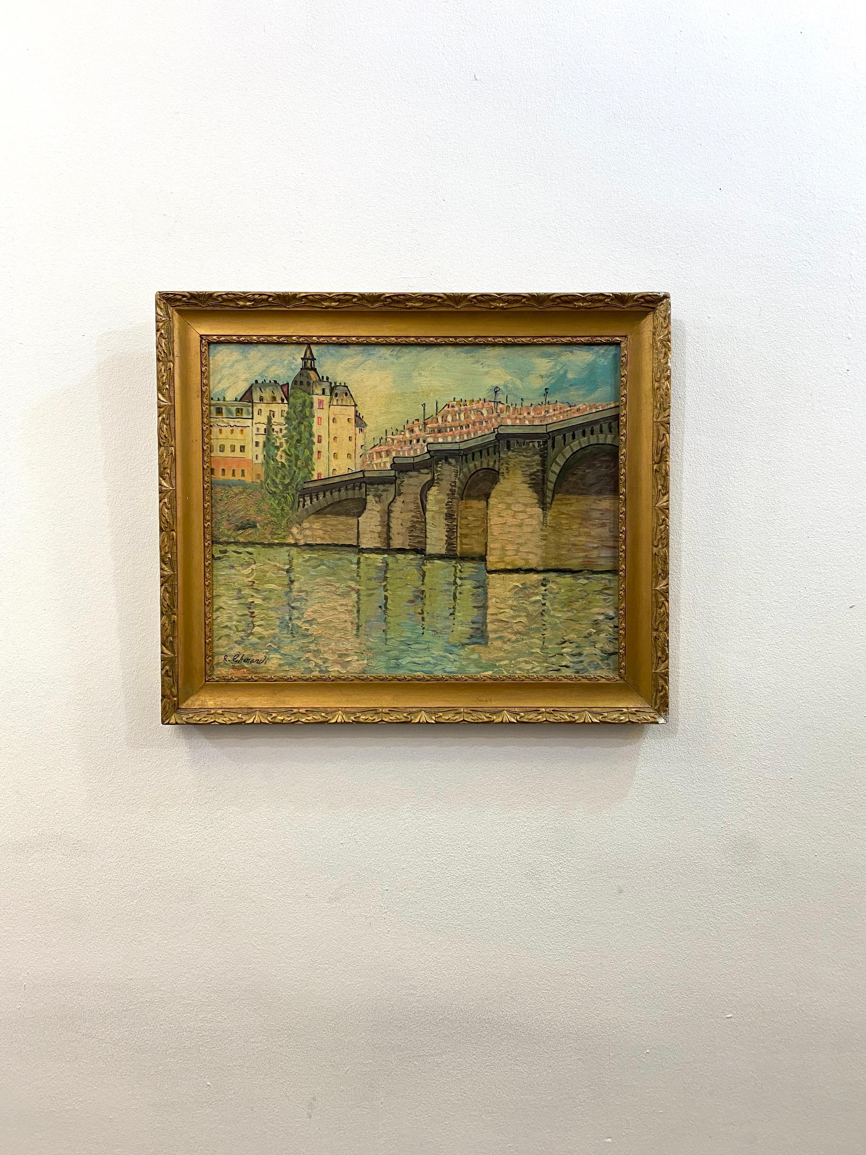Un pont à Paris von Roberto Gherardi - Öl auf Holz 43x52 cm im Angebot 2
