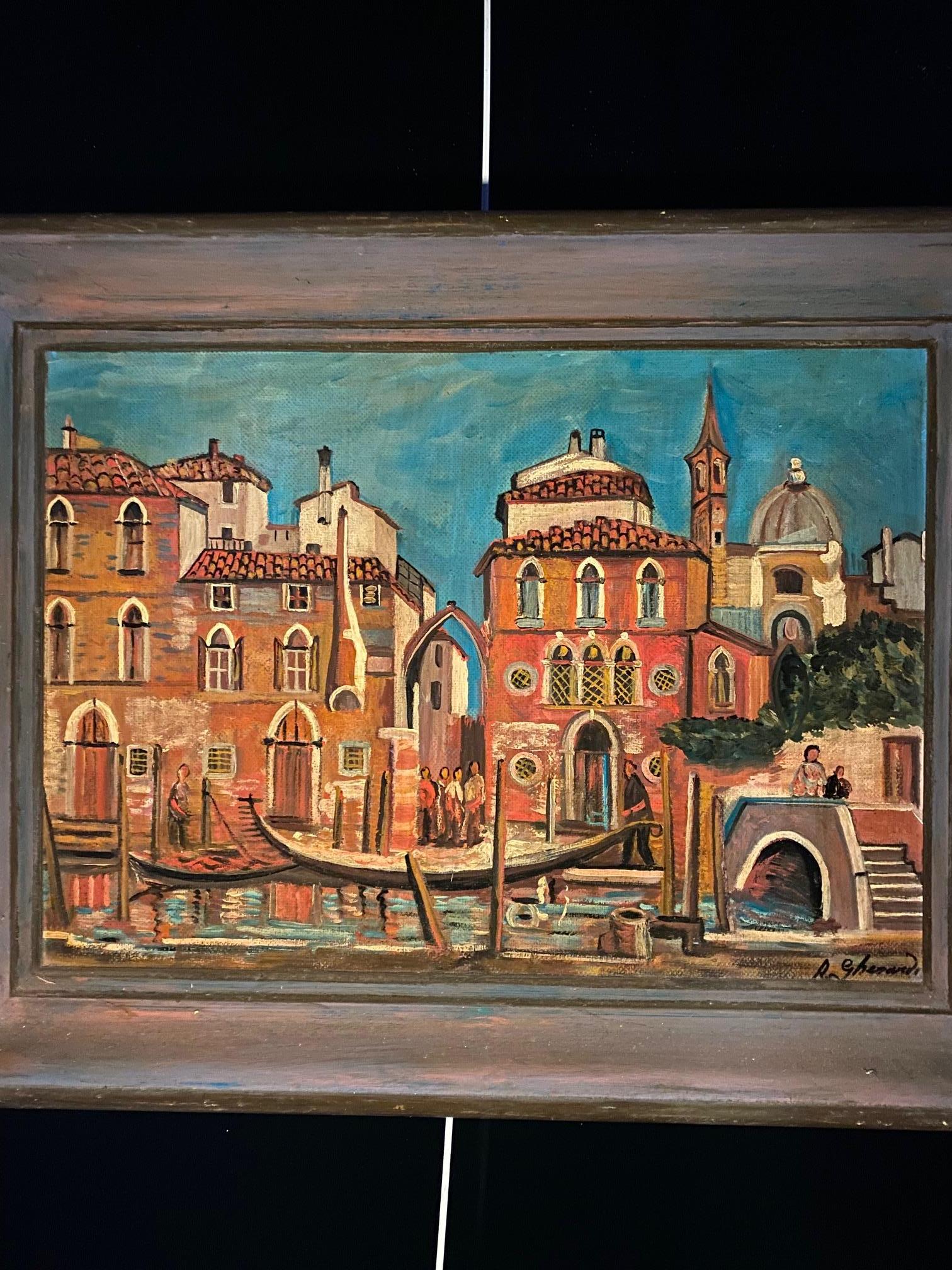Travail sur carton avec cadre. Dimensions totales avec le cadre : 53x69x5 cm 

Roberto Gherardi est un peintre italo-genevois né en 1933 à Ascensione, dans le nord de l'Italie, près de Bergame.
L'après-guerre étant rude, la pauvreté frappe sa