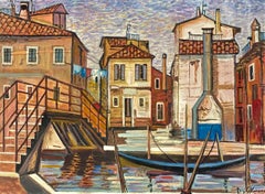 Venise, les Gondoles de Roberto Gherardi - Huile sur toile 51x68 cm