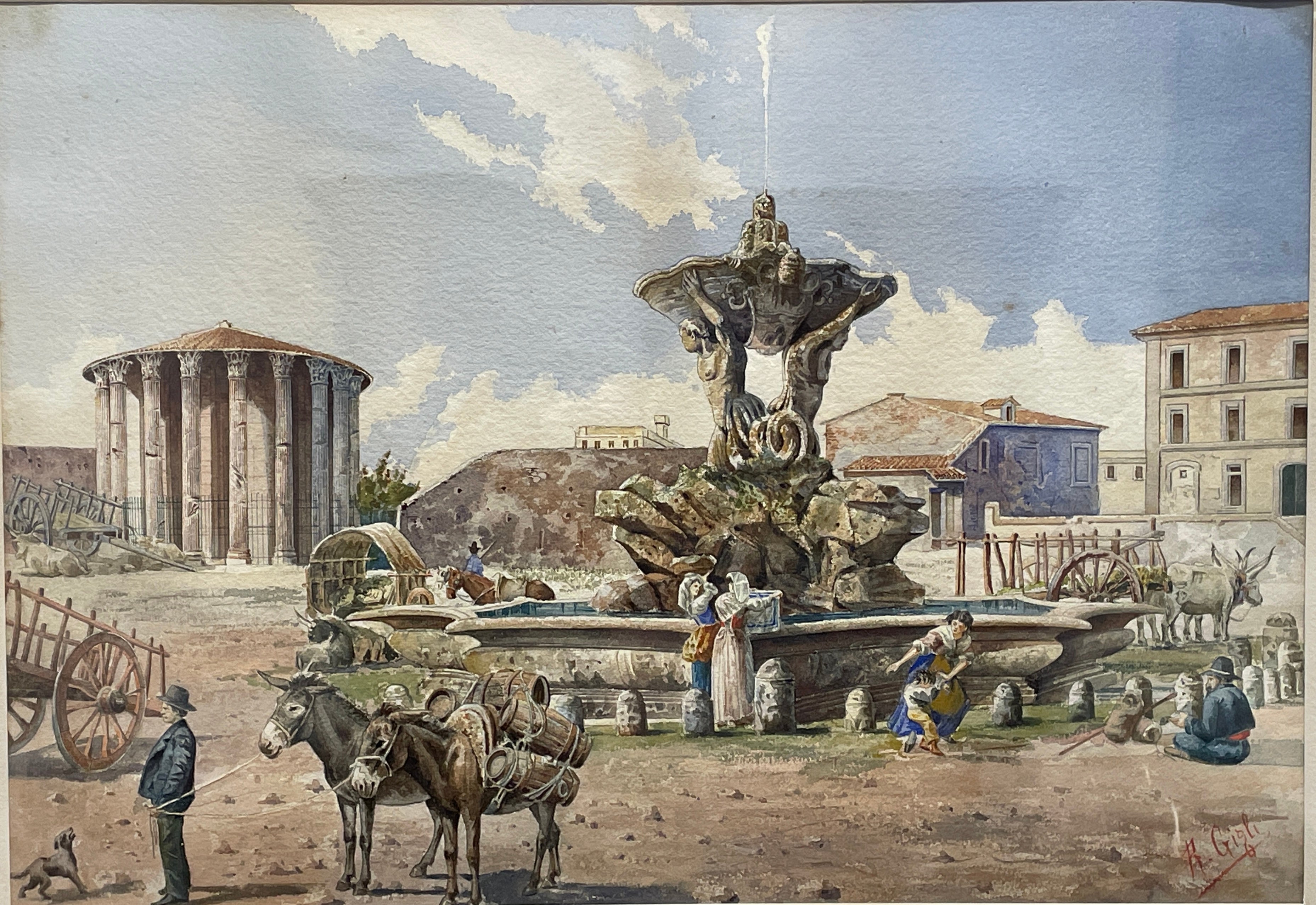 Roberto Gigli (Italian, 1846-1922), “View of the Hercules Victor Temple at the Forum Boarium”, watercolor, signed lower right. The Forum Boarium was the ancient cattle market of Rome. Framed behind glass.