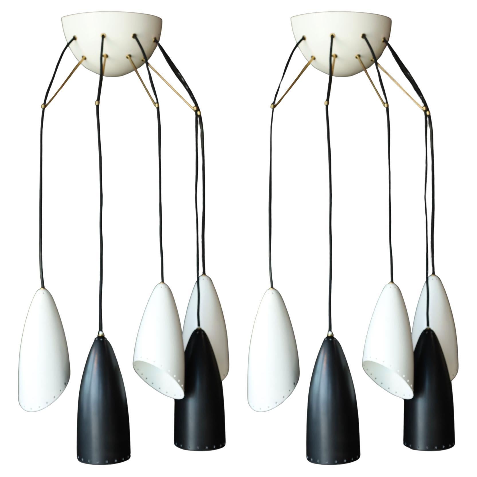 Roberto Giulio Rida Five Arm Cone Sconces in Black and White with Brass Fittings For Sale