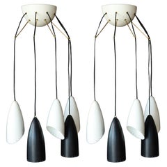 Vintage Roberto Giulio Rida Five Arm Cone Sconces in Black and White with Brass Fittings