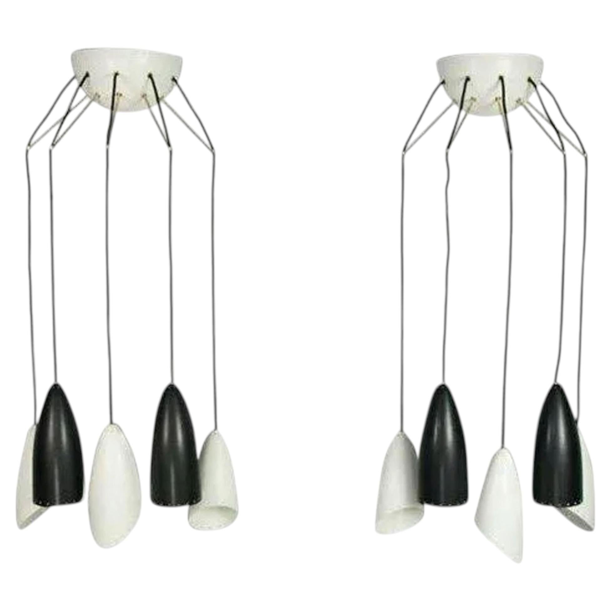 Roberto Giulio Rida Five Arm Cone Sconces in Black and White with Brass Fittings For Sale