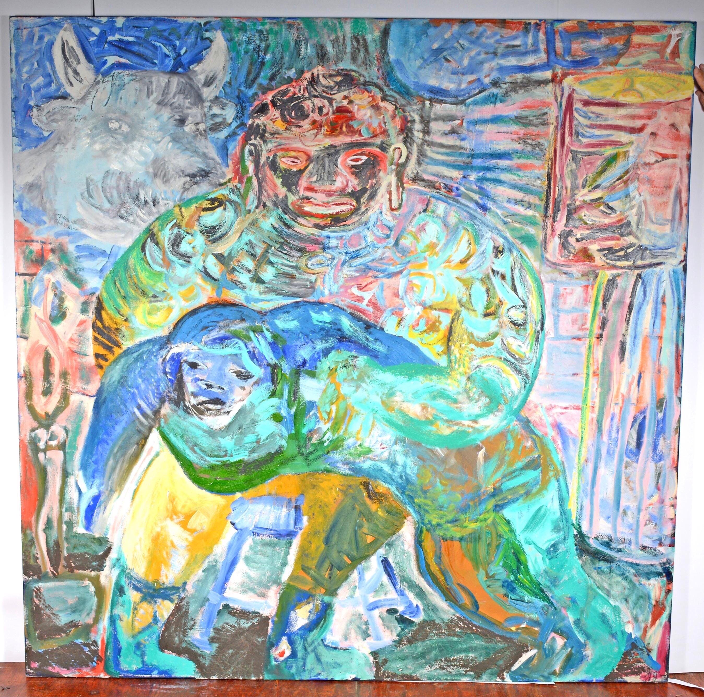 Large Colorful 1983 Neo Expressionist Roberto Juarez Oil Painting Tron Family 1