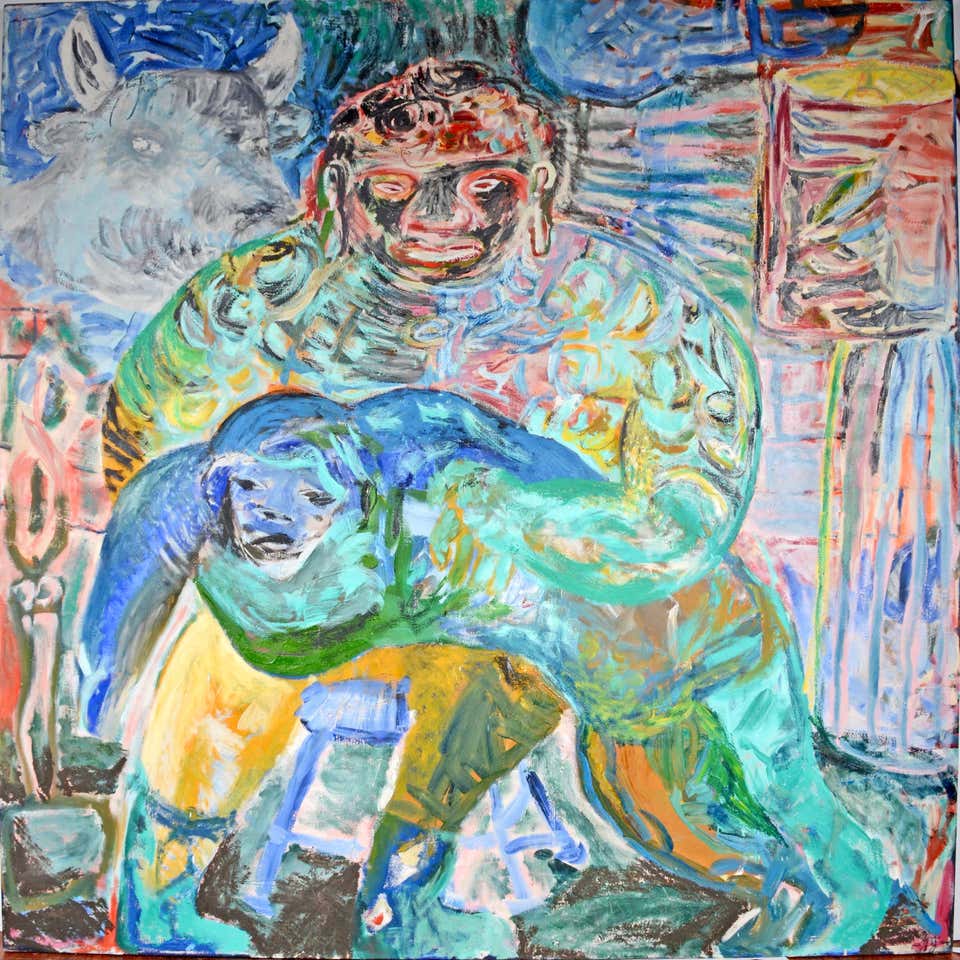 Large Colorful 1983 Neo Expressionist Roberto Juarez Oil Painting Tron Family