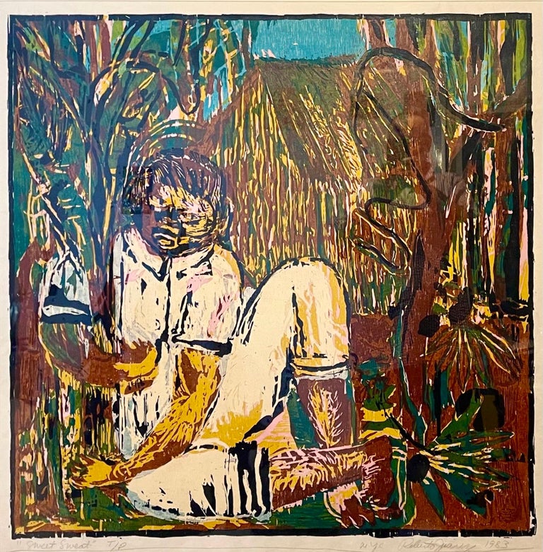 Roberto Juarez,  (American, 1952- )
Sweet Sweat
1983. Signed, dated & titled.
Color Woodcut Print
Framed measures 42.5 X 42.5. image is 36 X 36 inches

It depicts a black plantation worker or field worker sitting in a field with a snake in a tree.