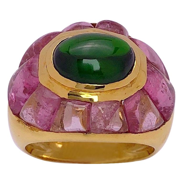 Roberto Legnazzi 18 Karat Yellow Gold Ring with Green and Pink Tourmaline