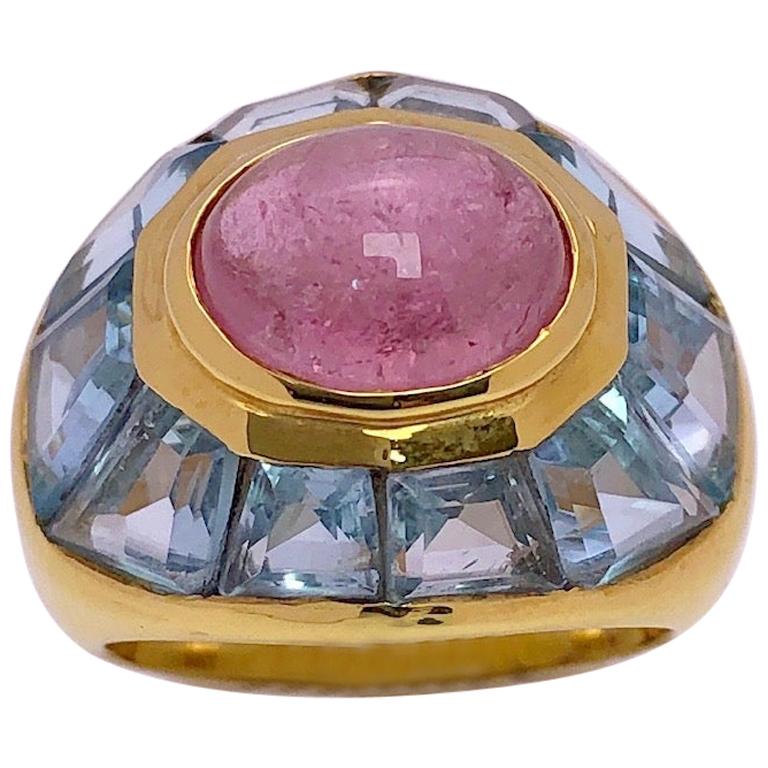 Roberto Legnazzi 18 Karat Yellow Gold Ring with Pink Tourmaline and Blue Topaz For Sale