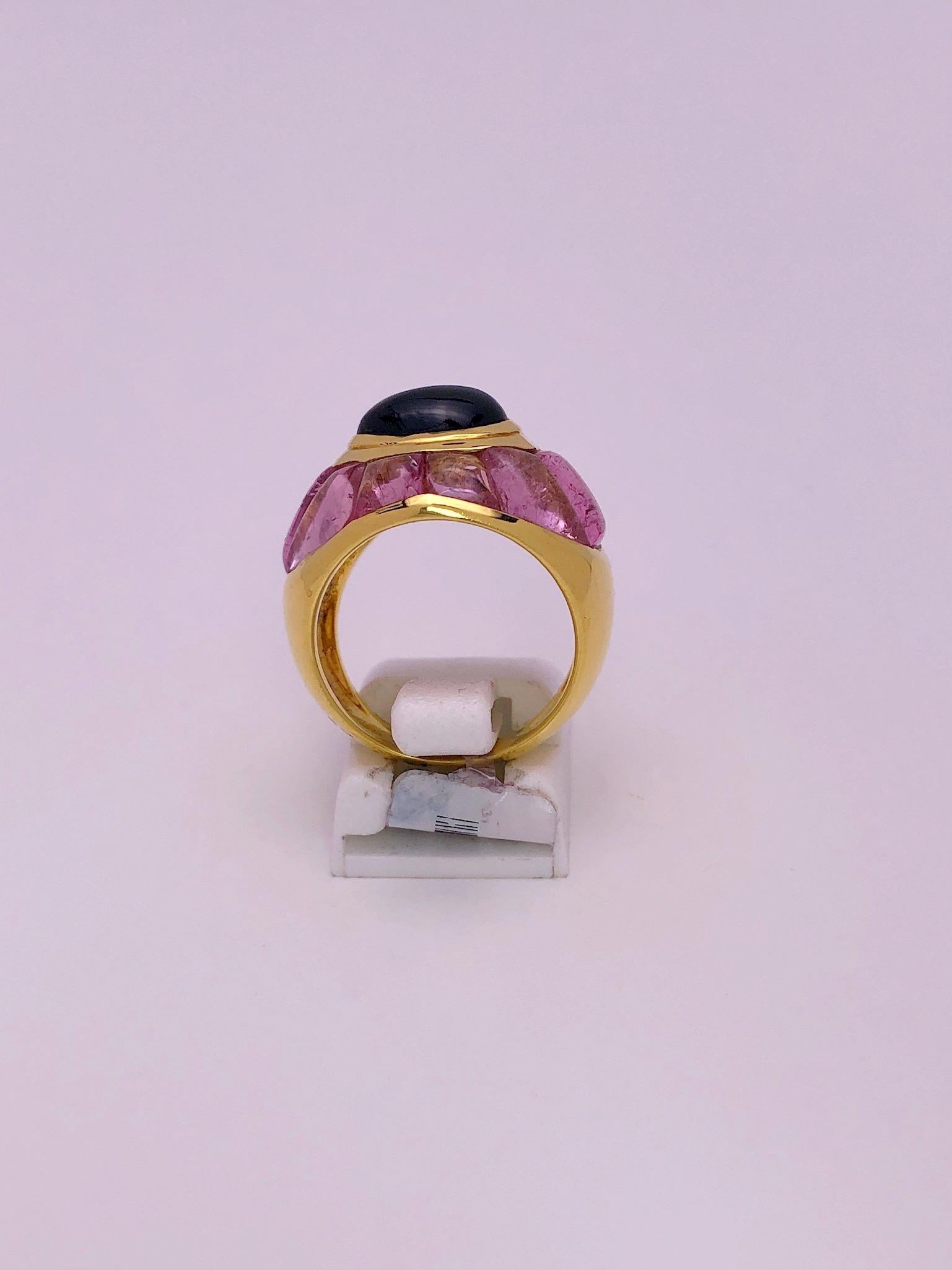 Women's or Men's Roberto Legnazzi 18 Karat Yellow Gold Ring with Green and Pink Tourmaline