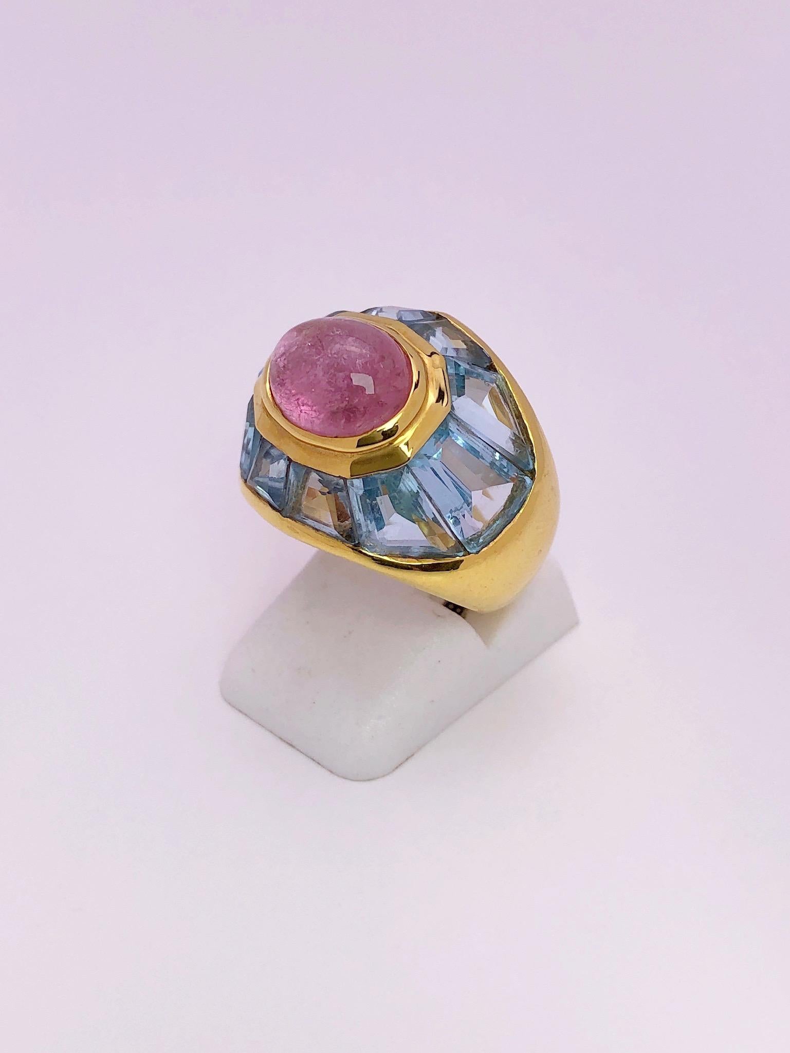 pink tourmaline and blue topaz ring