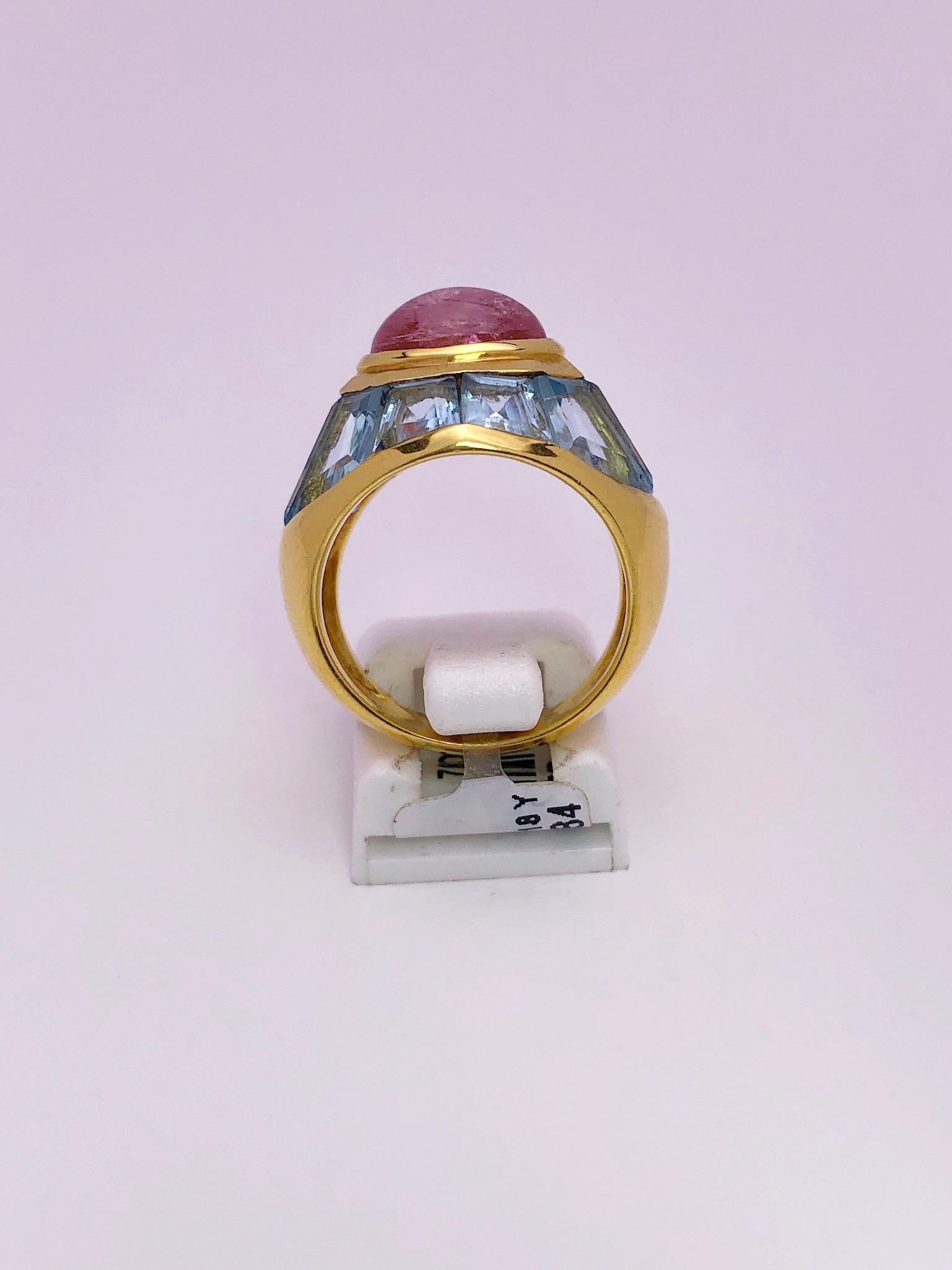 Cabochon Roberto Legnazzi 18 Karat Yellow Gold Ring with Pink Tourmaline and Blue Topaz For Sale