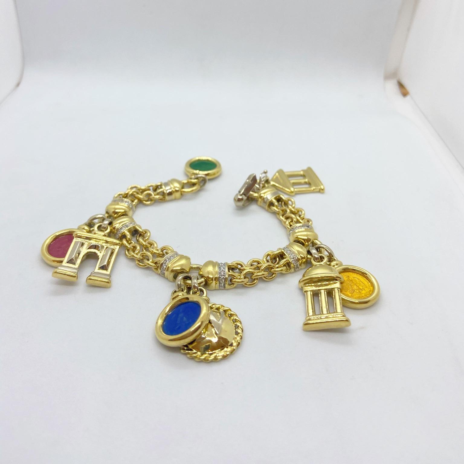 Roberto Legnazzi 18KT Yellow Gold, Travel Charm Bracelet with Enamel & Diamonds For Sale 2