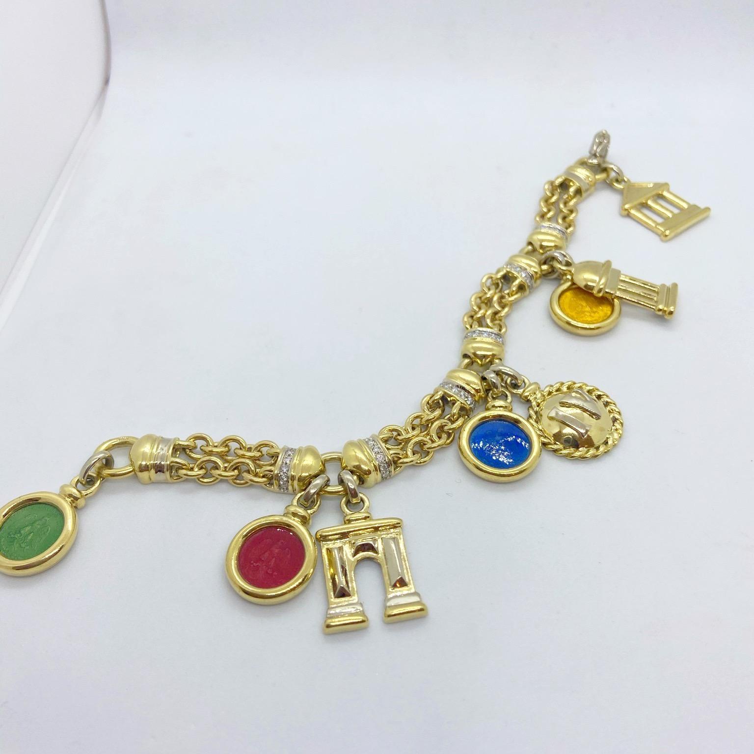 Retro Roberto Legnazzi 18KT Yellow Gold, Travel Charm Bracelet with Enamel & Diamonds For Sale