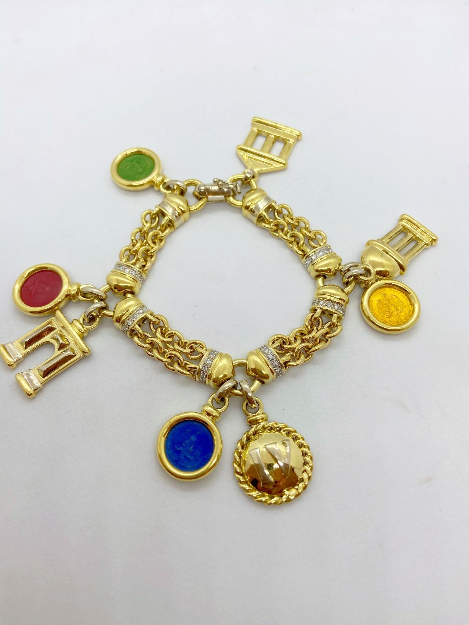 Round Cut Roberto Legnazzi 18KT Yellow Gold, Travel Charm Bracelet with Enamel & Diamonds For Sale