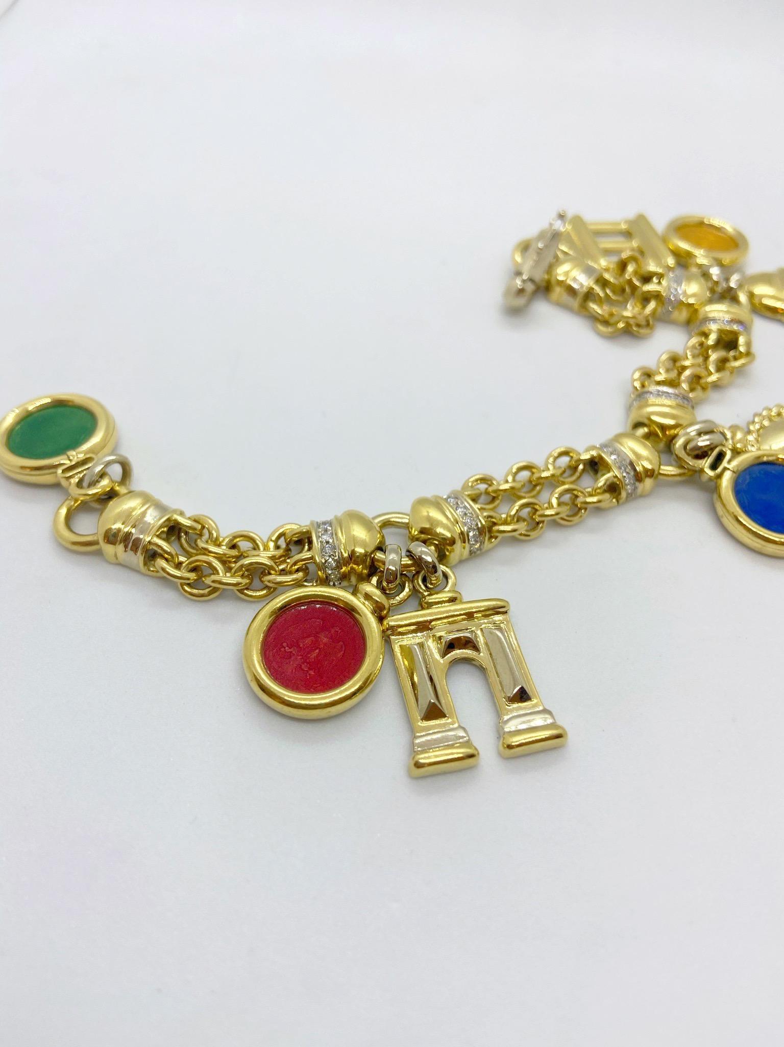 Roberto Legnazzi 18KT Yellow Gold, Travel Charm Bracelet with Enamel & Diamonds In New Condition For Sale In New York, NY