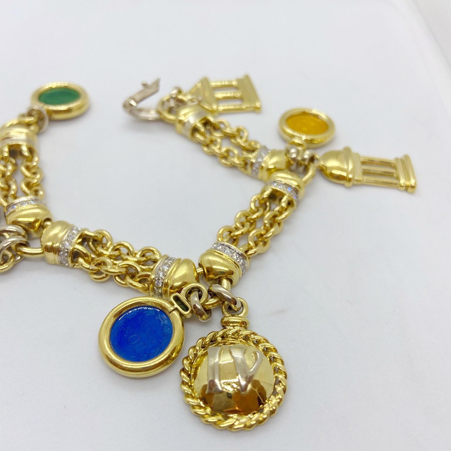 Women's or Men's Roberto Legnazzi 18KT Yellow Gold, Travel Charm Bracelet with Enamel & Diamonds For Sale