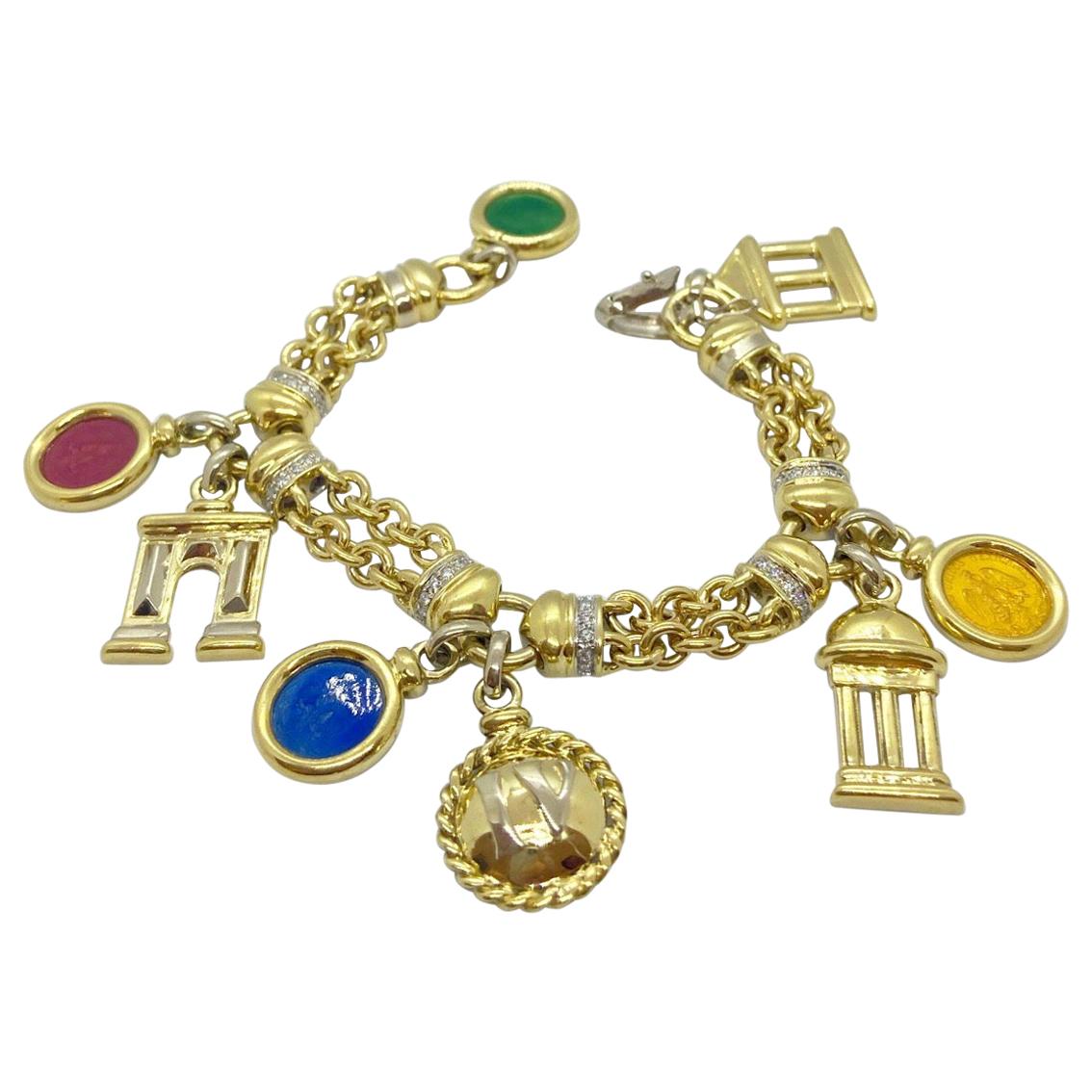 Roberto Legnazzi 18KT Yellow Gold, Travel Charm Bracelet with Enamel & Diamonds