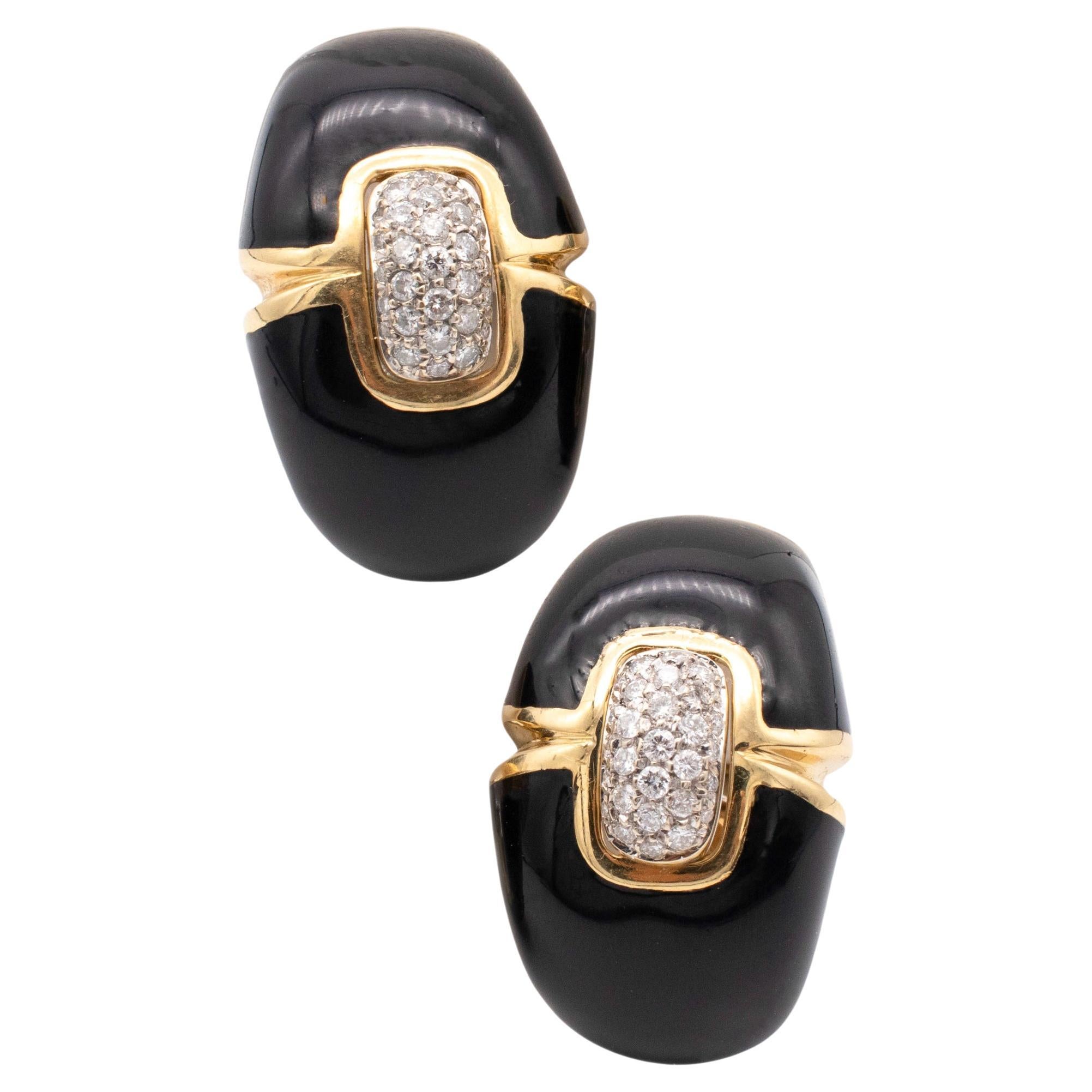 Boucles d'oreilles Roberto Legnazzi 1970 en or 18 carats avec émail noir et diamants 1,16 carat