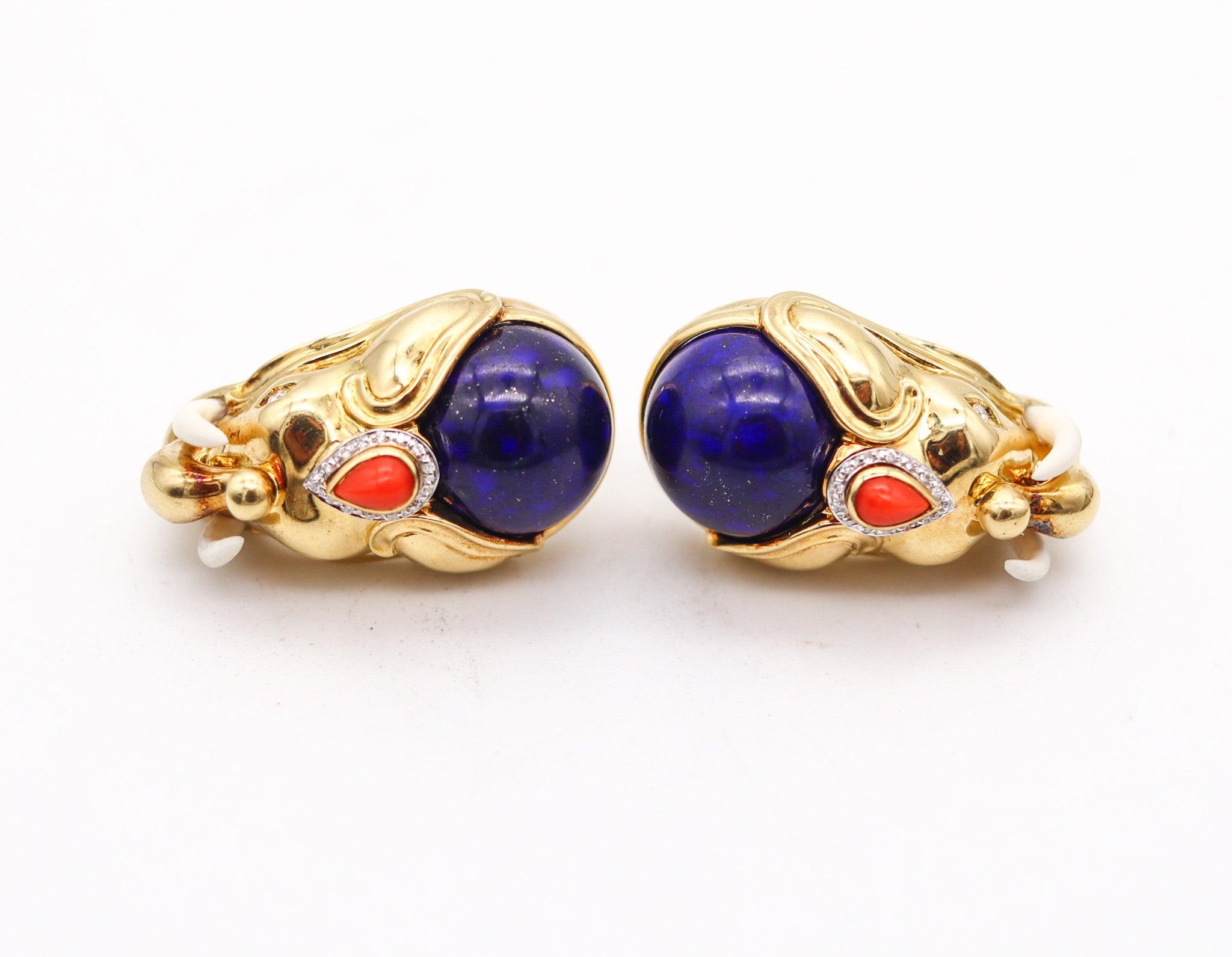 Modernist ROBERTO LEGNAZZI Elephants Earrings In 18Kt Gold With Diamonds And Gemstones For Sale