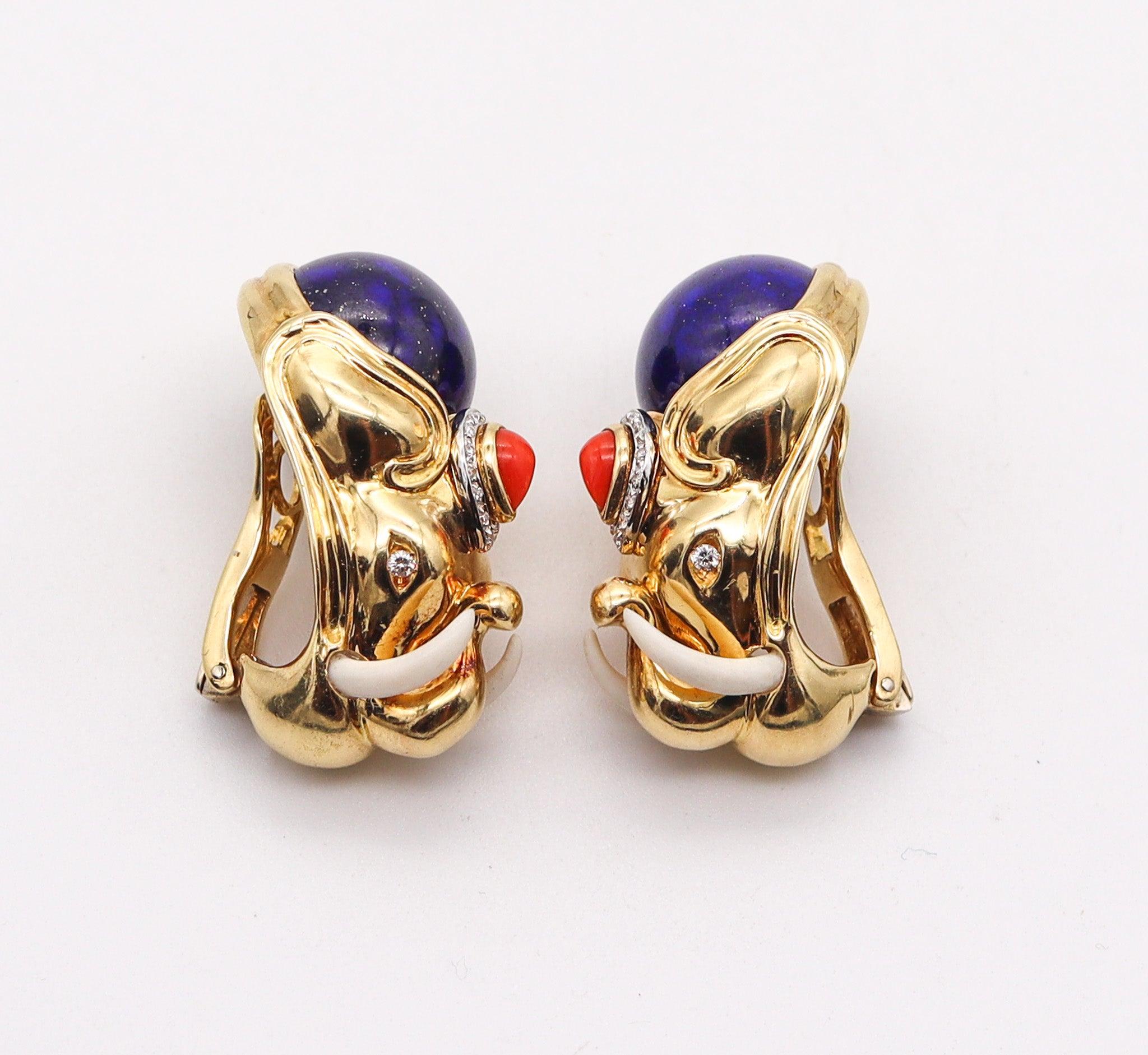Brilliant Cut ROBERTO LEGNAZZI Elephants Earrings In 18Kt Gold With Diamonds And Gemstones For Sale