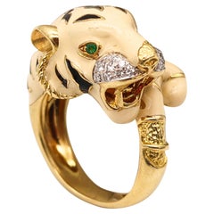 Vintage Roberto Legnazzi Enameled Tiger Ring In 18Kt Gold With Diamonds And Emeralds