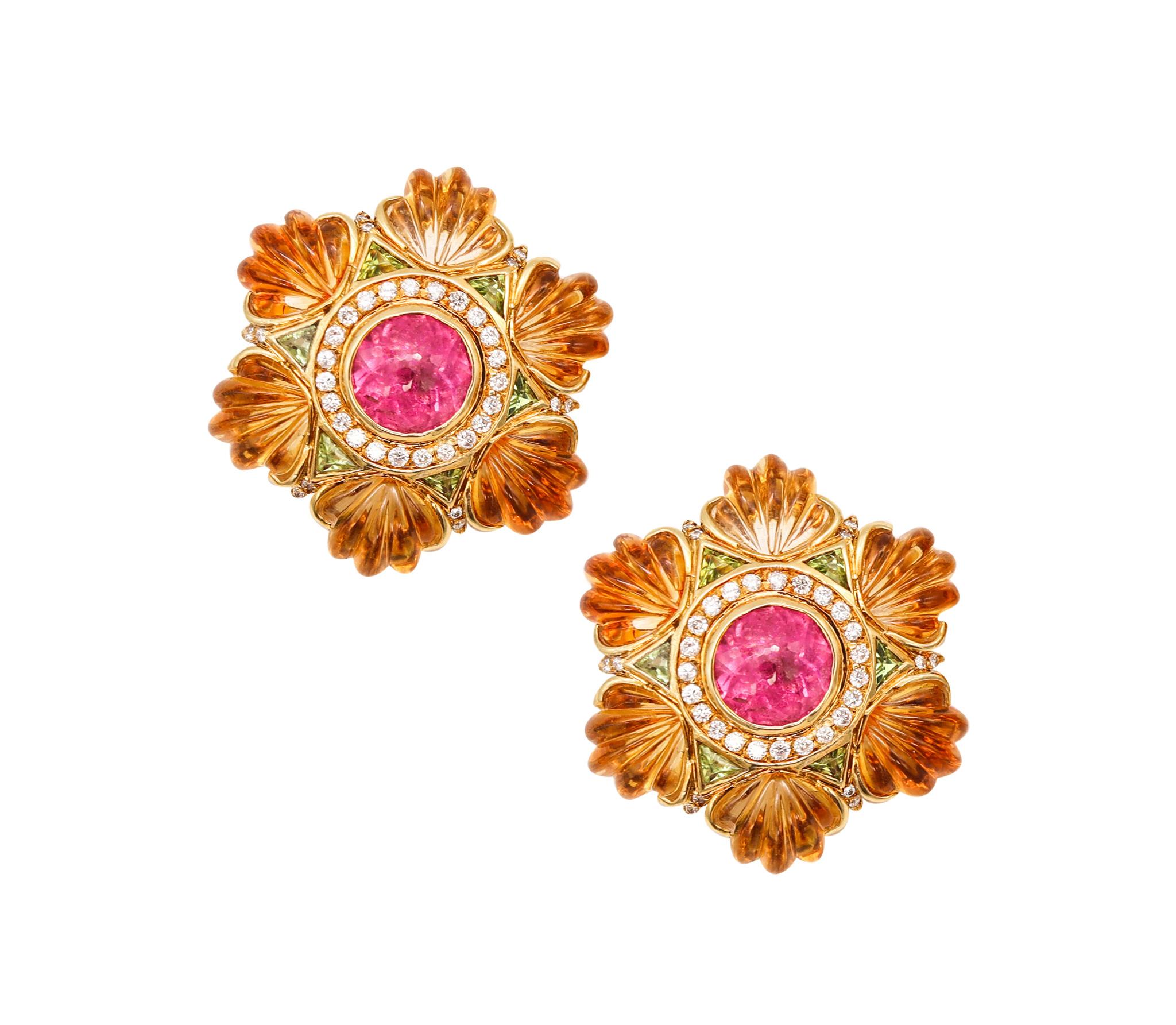 Beautiful pair of earrings designed by Roberto Legnazzi.

Colorful and elegant vintage pair of gem set clusters earrings, designed in Valenza, Italy by the jewelry Atelier of Roberto Legnazzi. They was carefully crafted in solid yellow gold of 18