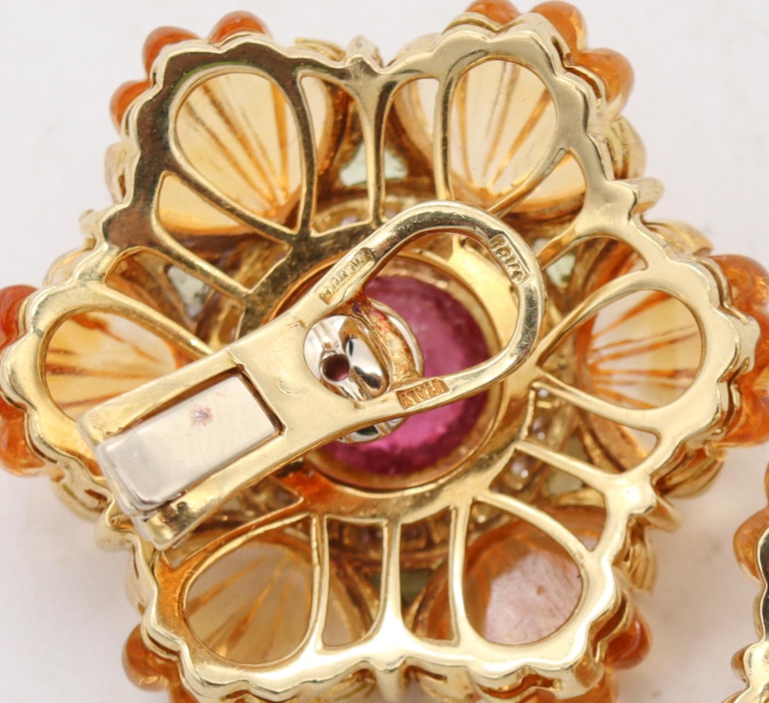Contemporary Roberto Legnazzi Gem Set Cluster Earrings 18Kt Gold 54.37 Cts Diamond Gemstones