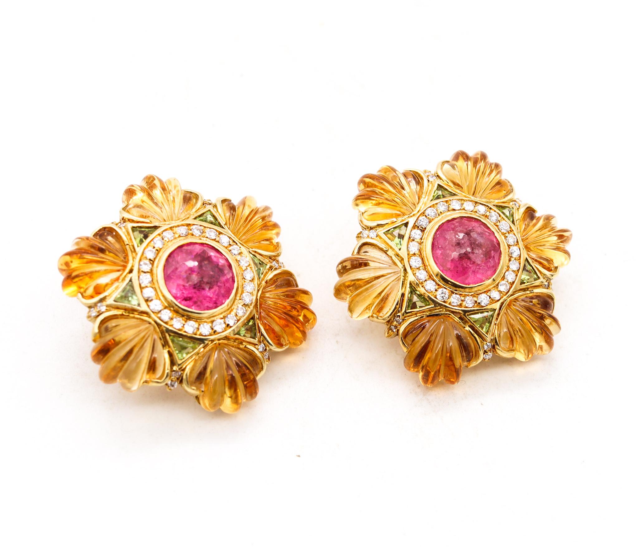 Roberto Legnazzi Gem Set Cluster Earrings 18Kt Gold 54.37 Cts Diamond Gemstones In Excellent Condition In Miami, FL