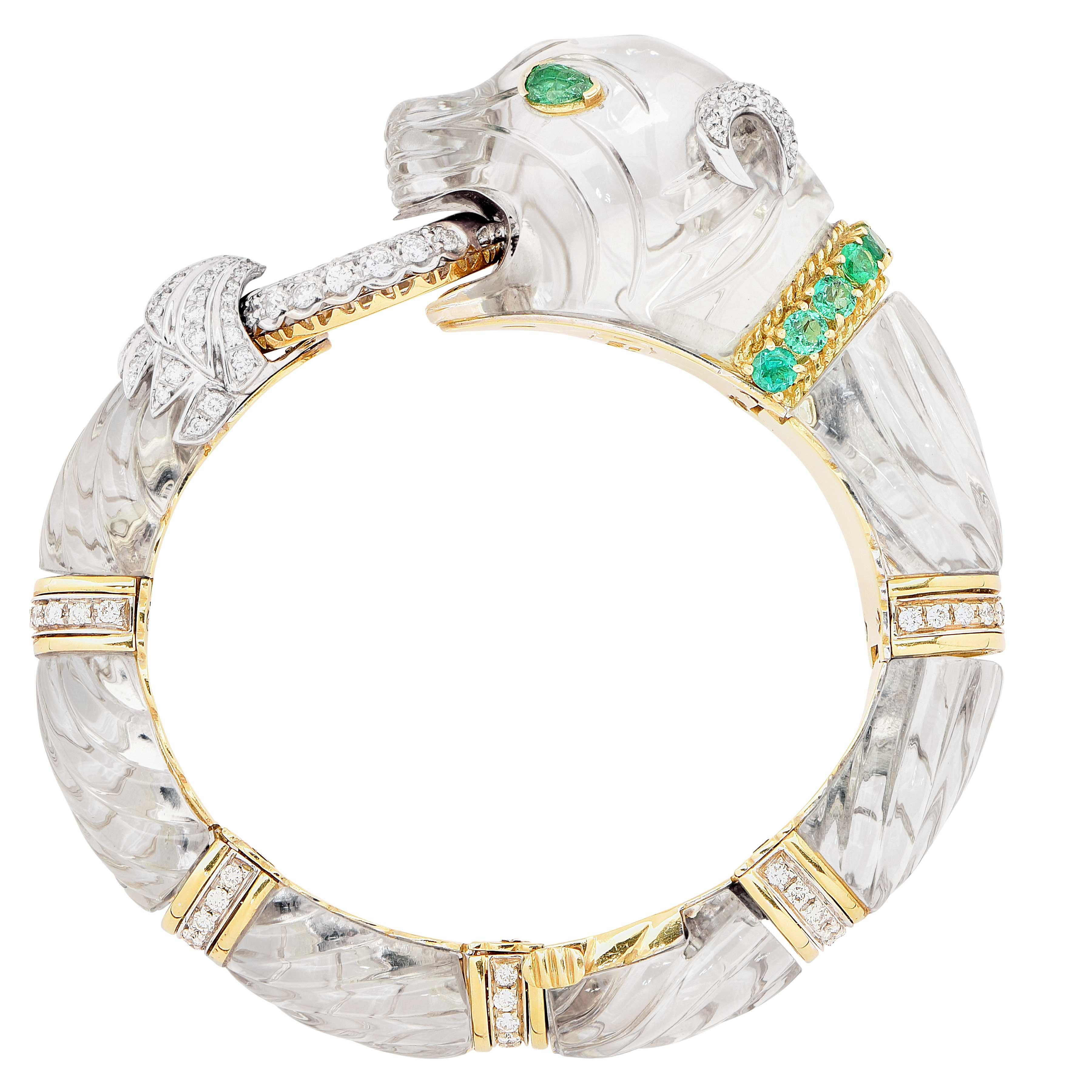 Taille ronde Roberto Legnazzi Bracelet panthère en cristal de roche, diamants et émeraude en vente
