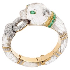 Vintage Roberto Legnazzi Rock Crystal Diamonds and Emerald Panther Bracelet