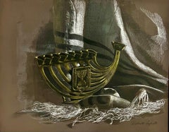 Oil Painting Israeli Bronze Menorah Tallit Judaica Still Life Bar Mitzvah Scene