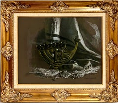 Oil Painting Israeli Bronze Menorah Tallit Judaica Still Life Bar Mitzvah Scene